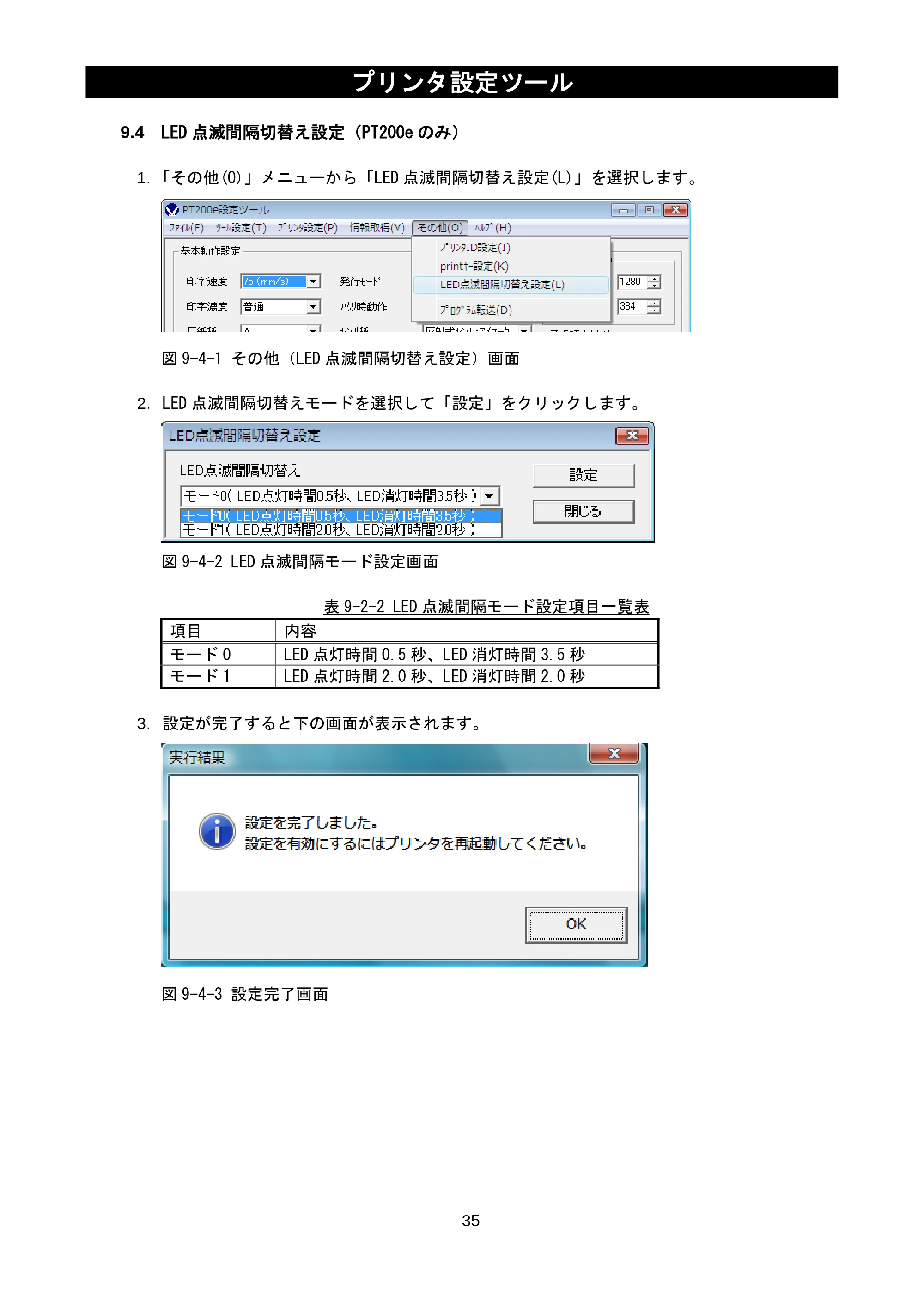 サトー lapin(ラパン)PT408e / 412e 、Petit lapin(プチラパン)PT200e / 208e / 208m / 208j / apin(ラパン)PT408e / 412e 、Petit lapin(プチラパン)PT200e / 208e / 208m / 208j プリンタ設定ツール説明書（第11版） — 9.4 LED点滅間隔切替え設定（PT200eのみ） — 原本ページ — 37ページ