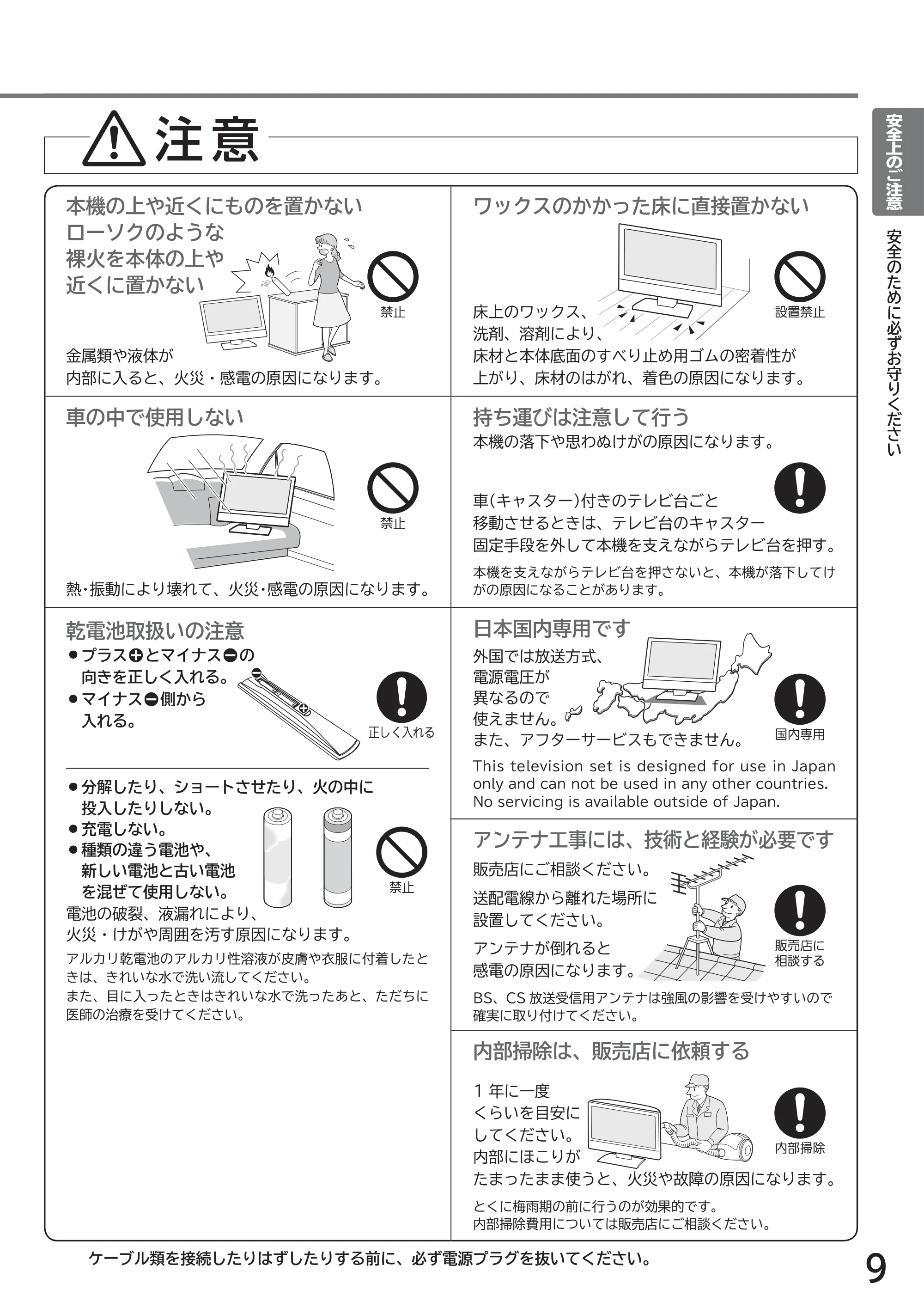 日立 L40-A5 / L32-A5 / L24-A5 取扱説明書 — ワックスのかかった床に直接置かない — 原本ページ — 9ページ