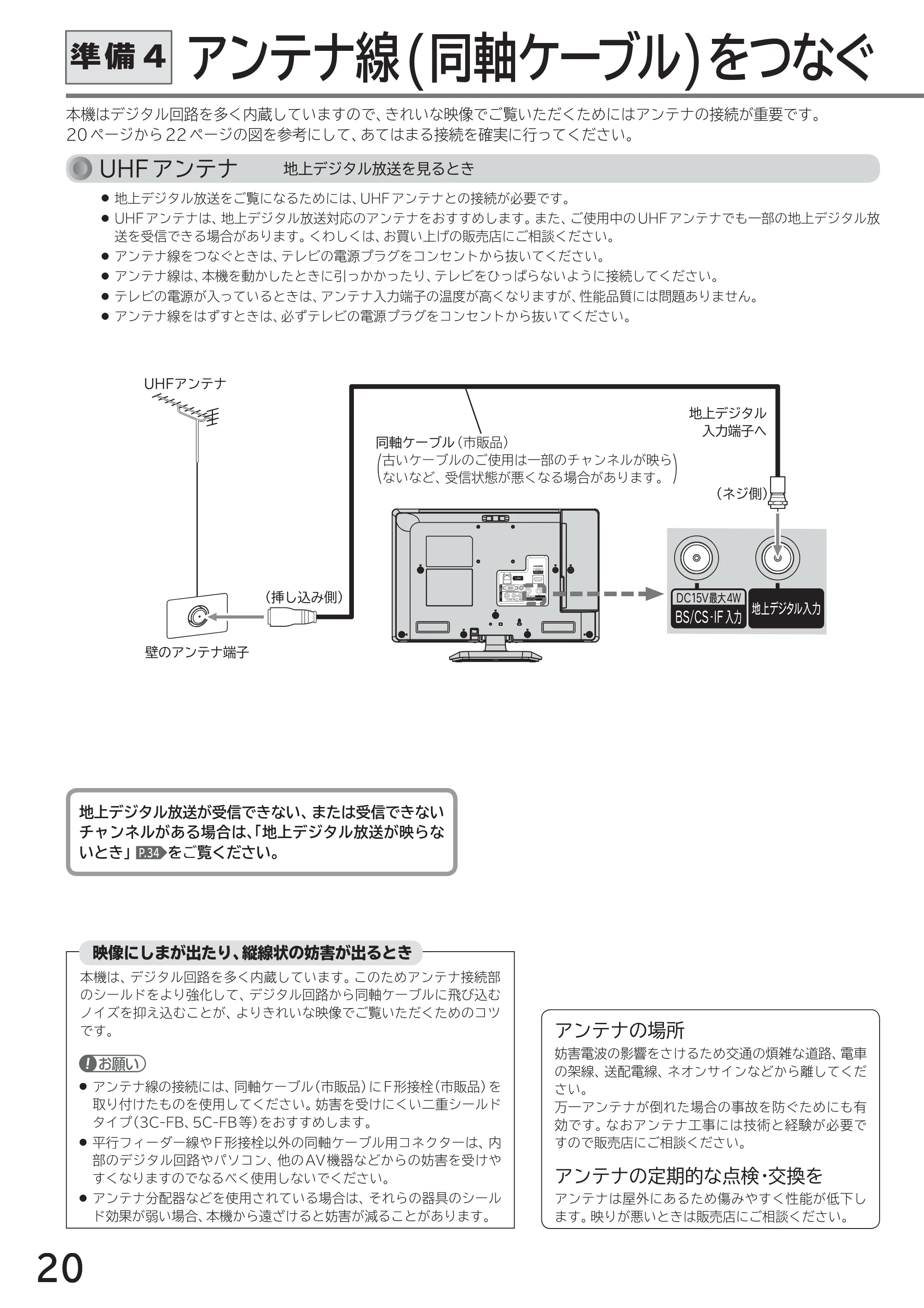 日立 L40-A5 / L32-A5 / L24-A5 取扱説明書 — 準備4 アンテナ線(同軸ケーブル)をつなぐ — 原本ページ — 20ページ