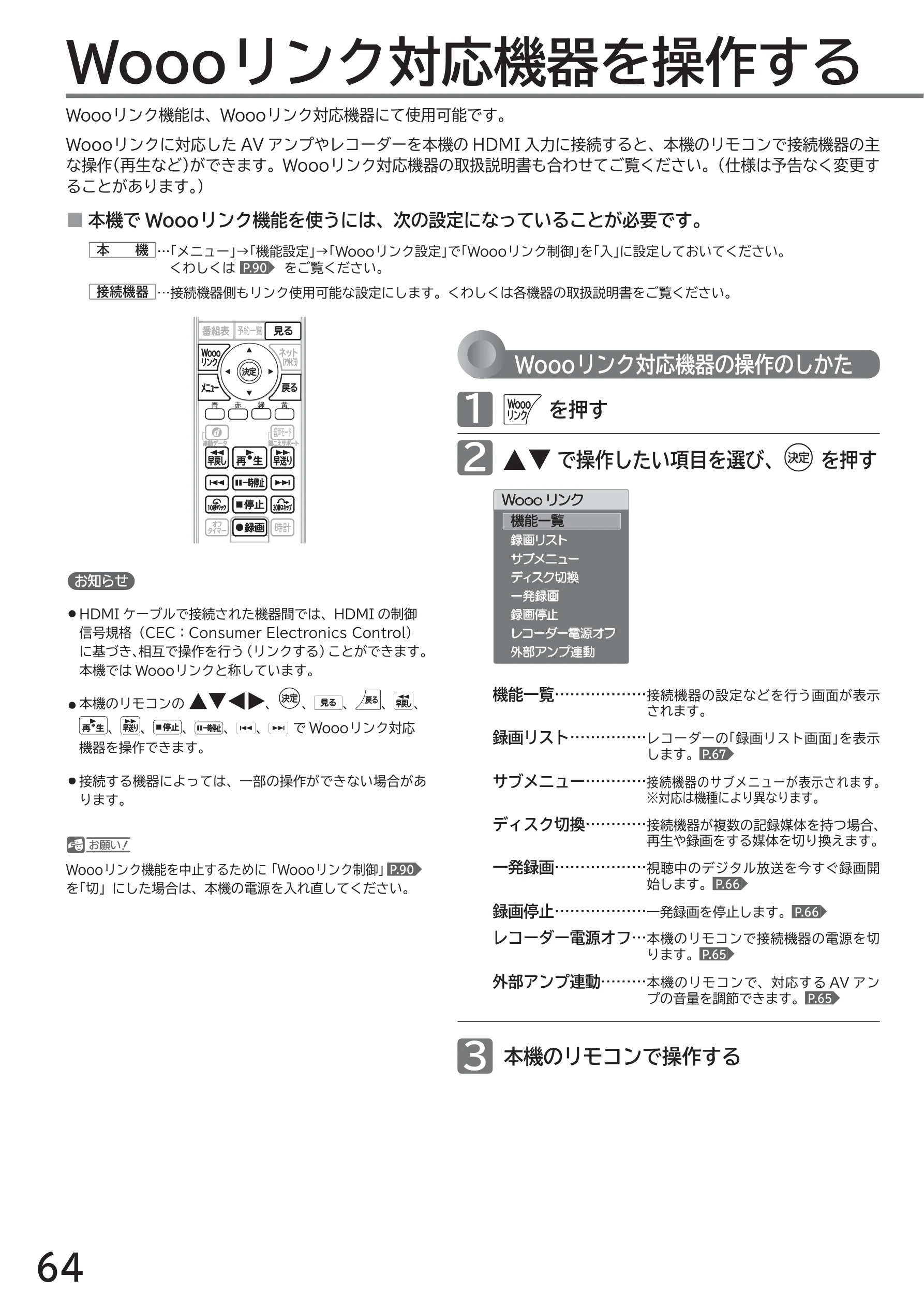 日立 L40-A5 / L32-A5 / L24-A5 取扱説明書 — Woooリンク対応機器を操作する — 図版 64-1 — 64ページ