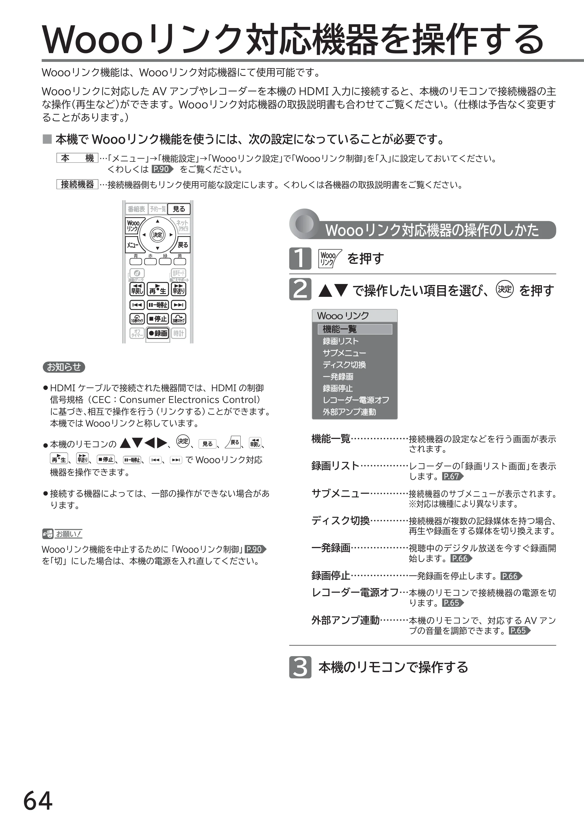 日立 L40-A5 / L32-A5 / L24-A5 取扱説明書 — Woooリンク対応機器を操作する — 原本ページ — 64ページ