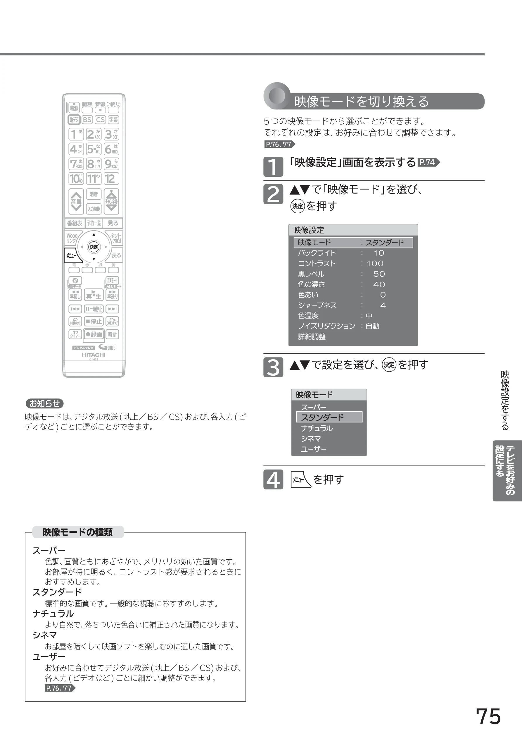 日立 L40-A5 / L32-A5 / L24-A5 取扱説明書 — 映像モードを切り換える — 図版 75-1 — 75ページ