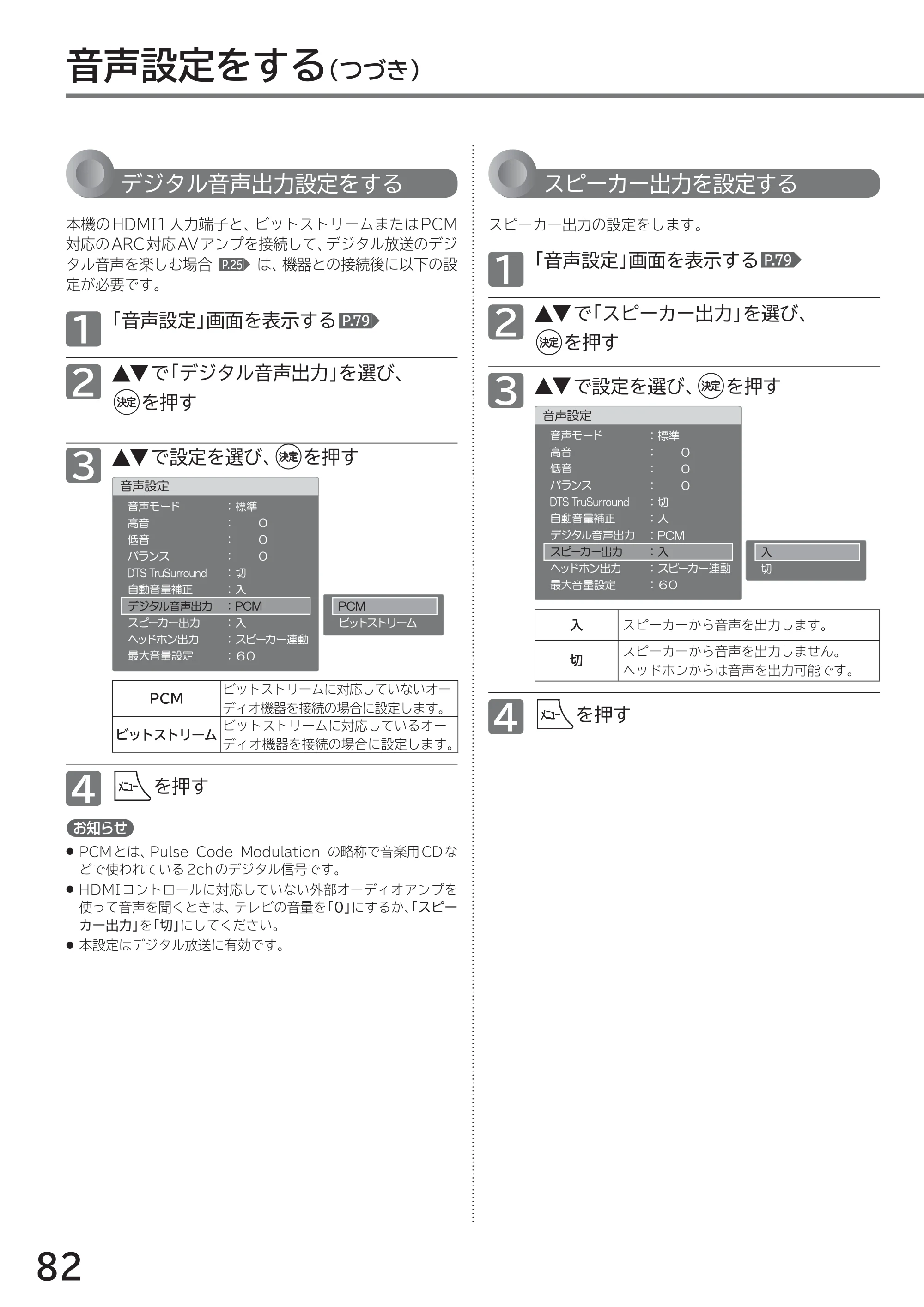 日立 L40-A5 / L32-A5 / L24-A5 取扱説明書 — 音声設定をする(つづき) — 原本ページ — 82ページ