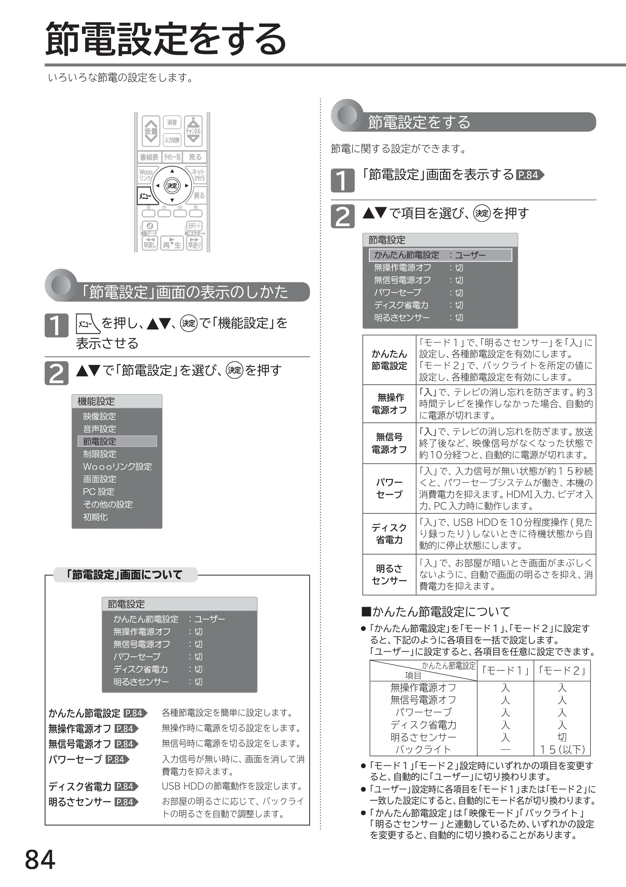 日立 L40-A5 / L32-A5 / L24-A5 取扱説明書 — 節電設定をする — 原本ページ — 84ページ