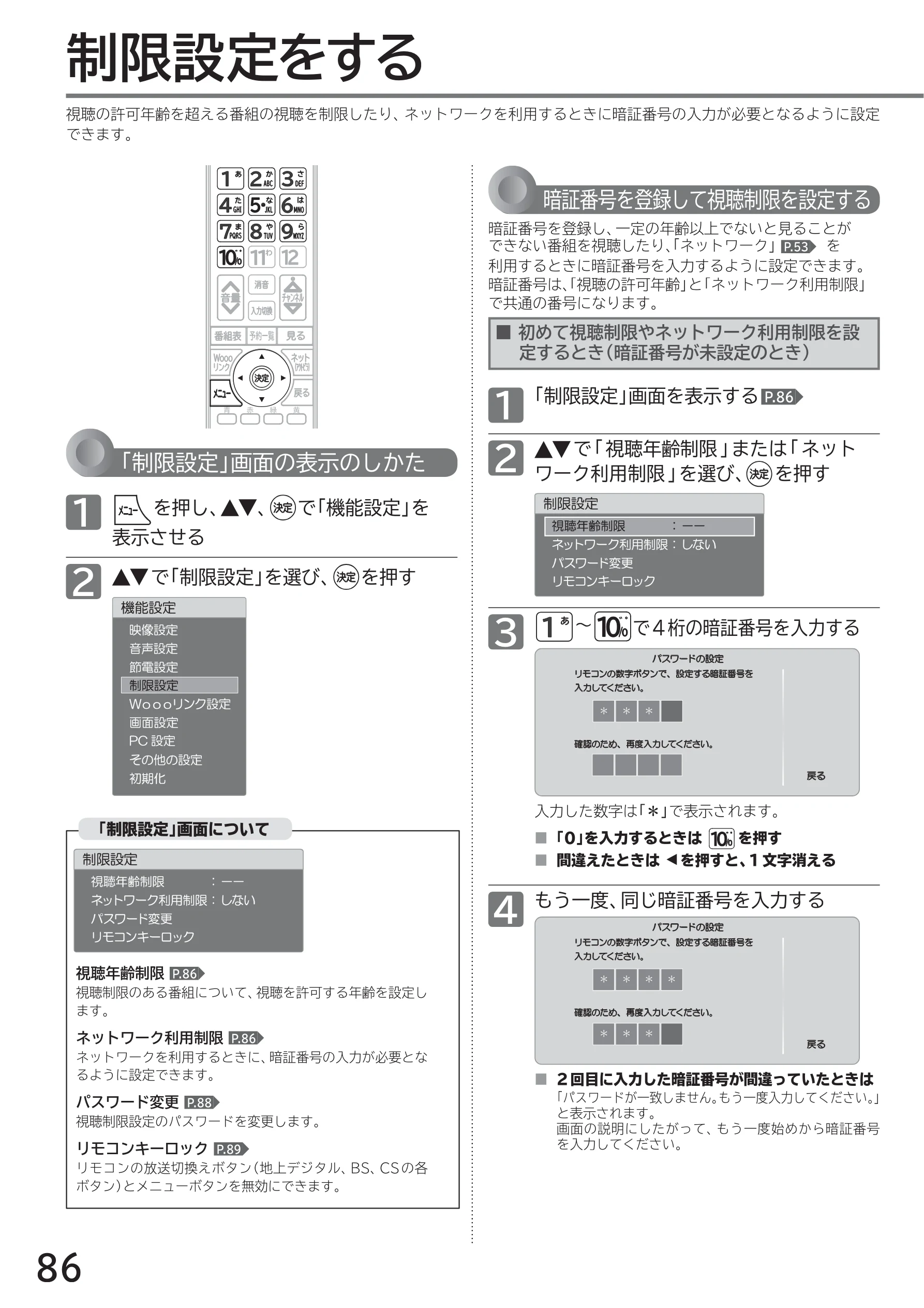 日立 L40-A5 / L32-A5 / L24-A5 取扱説明書 — 制限設定をする — 図版 86-1 — 86ページ