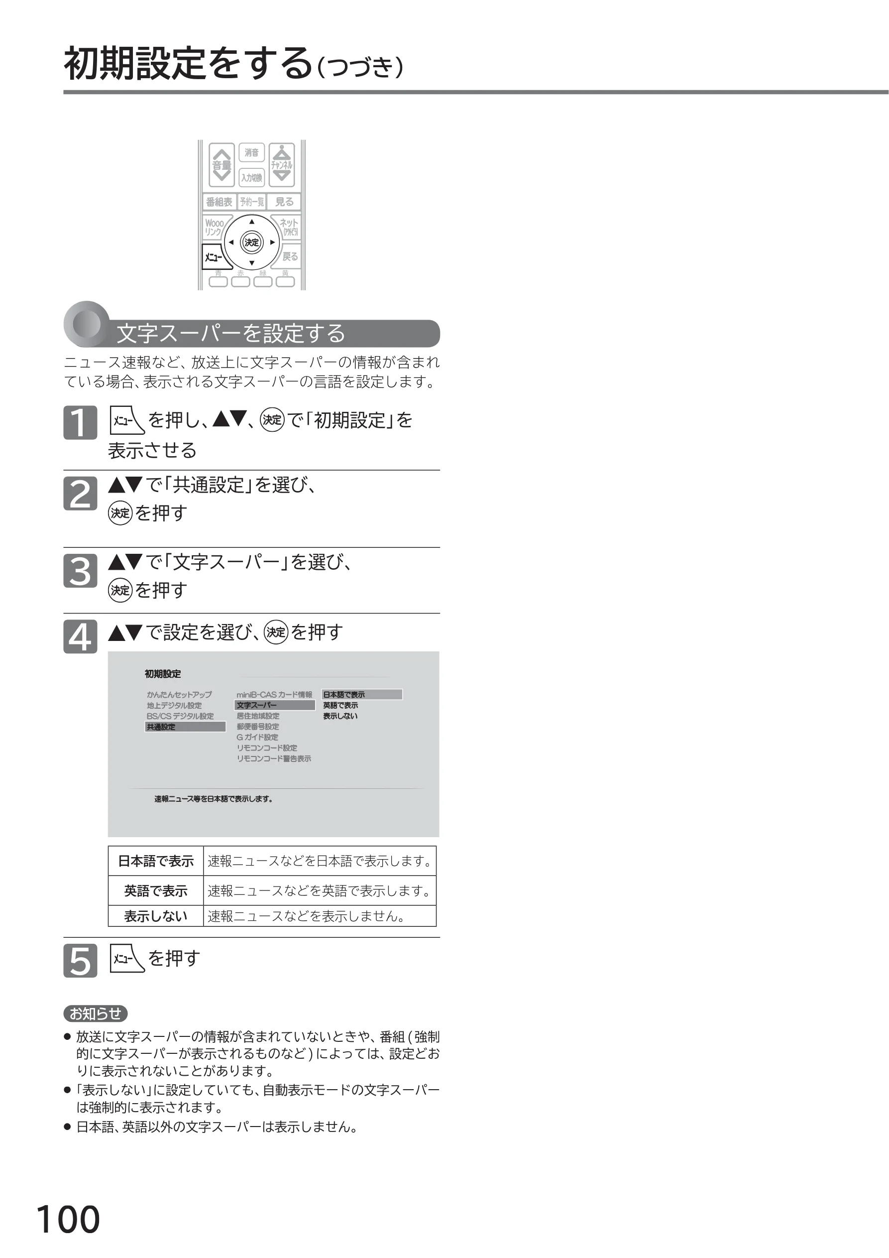 日立 L40-A5 / L32-A5 / L24-A5 取扱説明書 — 初期設定をする(つづき) — 図版 100-1 — 100ページ