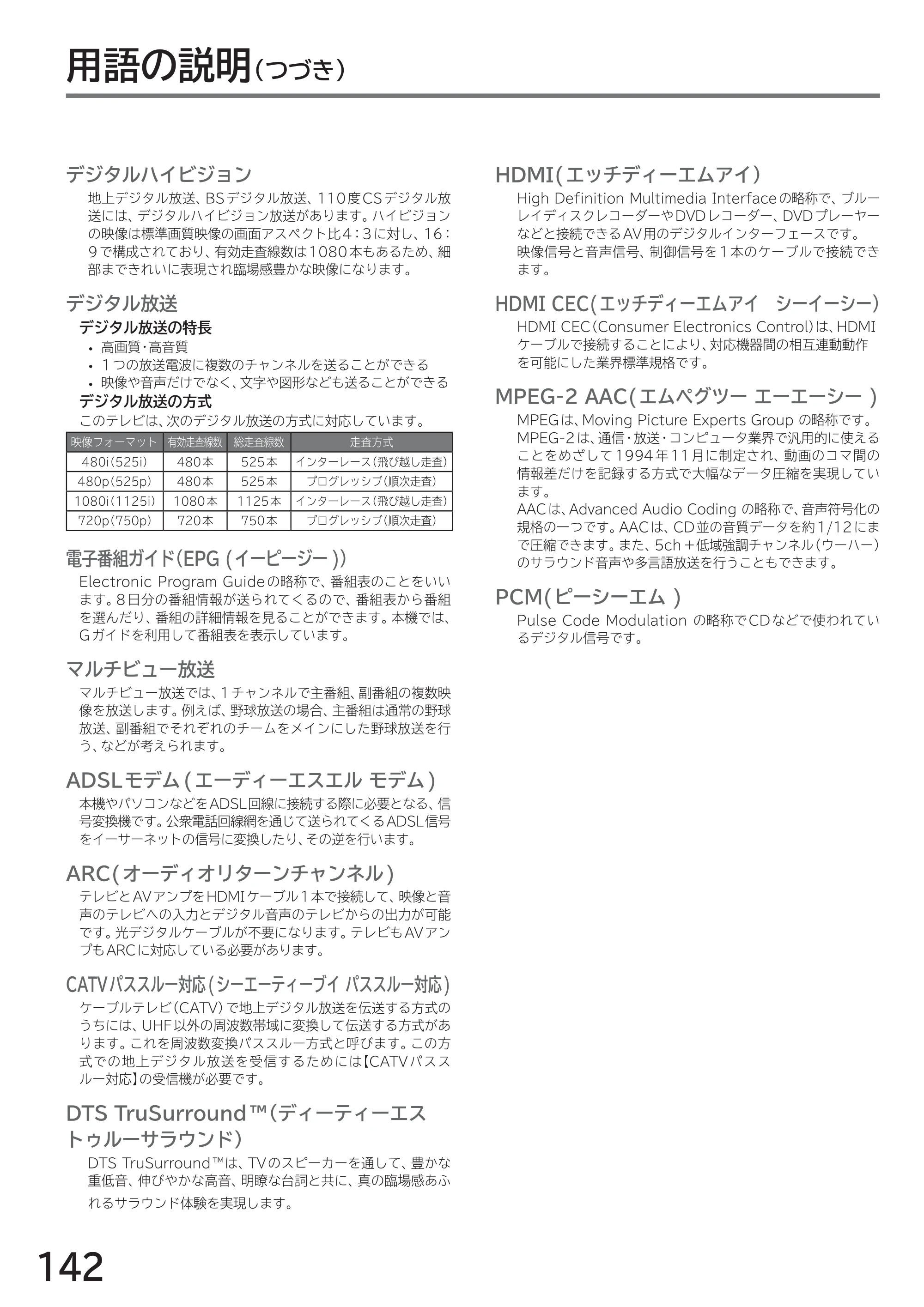日立 L40-A5 / L32-A5 / L24-A5 取扱説明書 — 用語の説明（つづき） — 原本ページ — 142ページ
