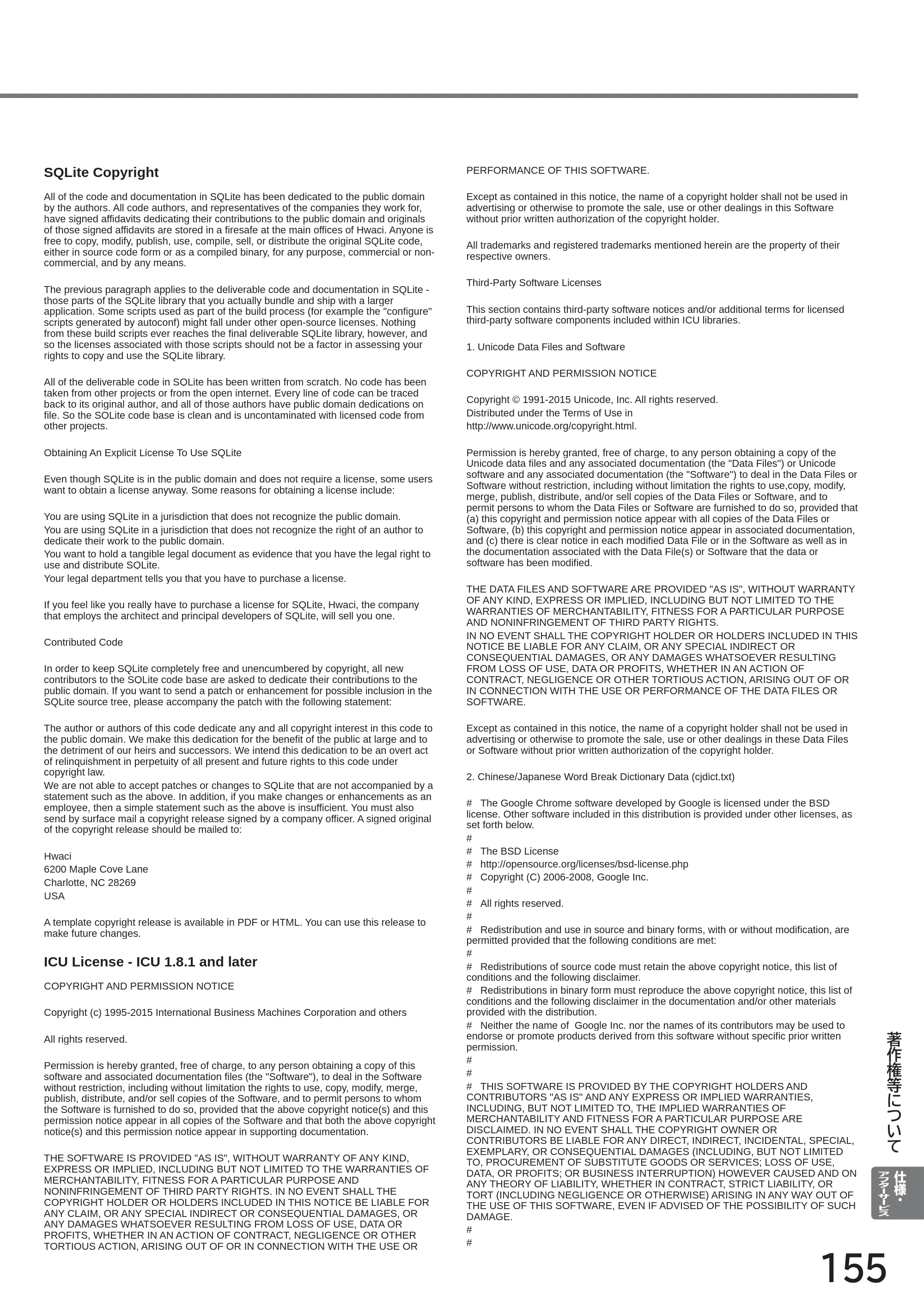 日立 L40-A5 / L32-A5 / L24-A5 取扱説明書 — SQLite Copyright — 原本ページ — 155ページ