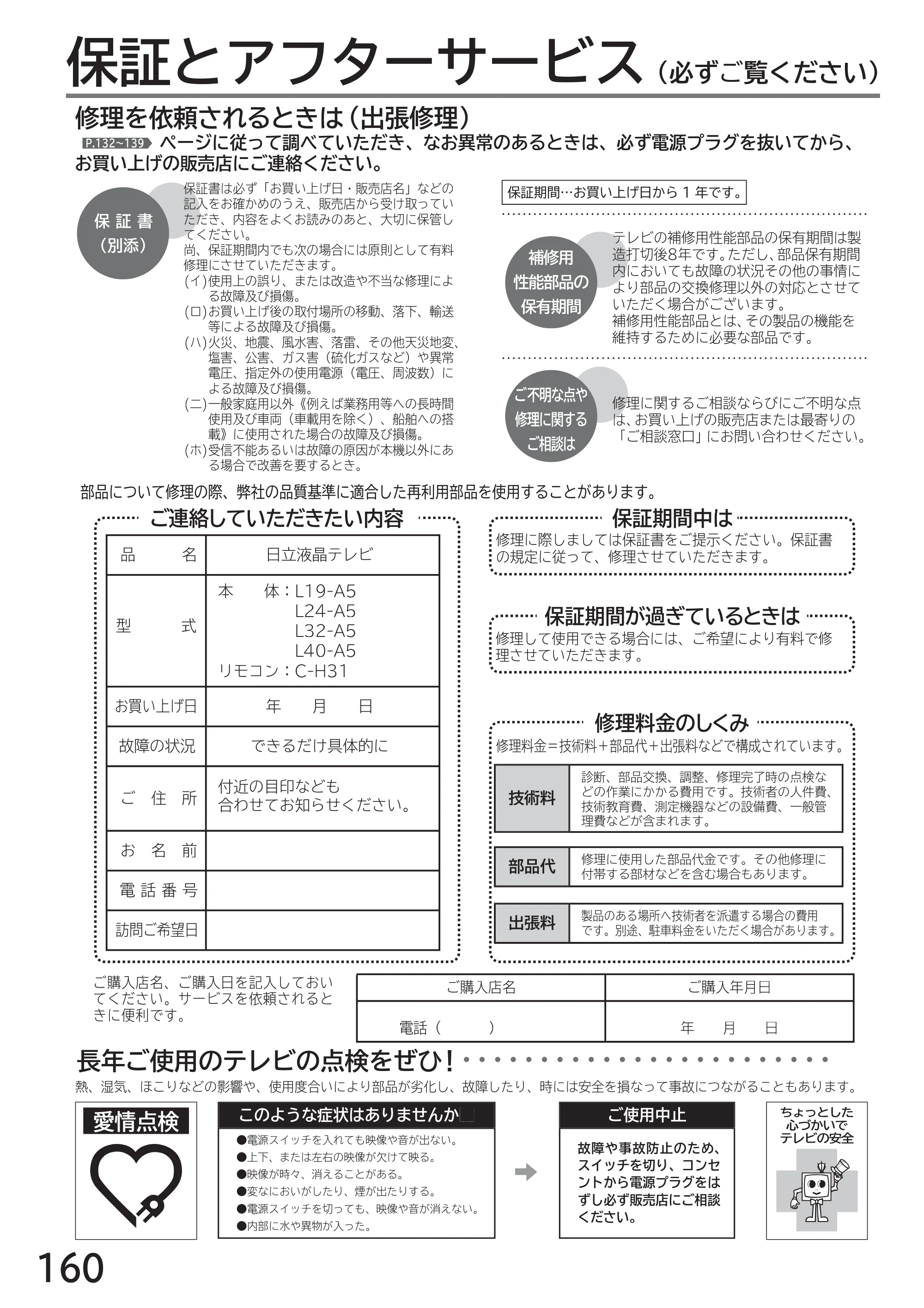 日立 L40-A5 / L32-A5 / L24-A5 取扱説明書 — 保証とアフターサービス — 原本ページ — 160ページ