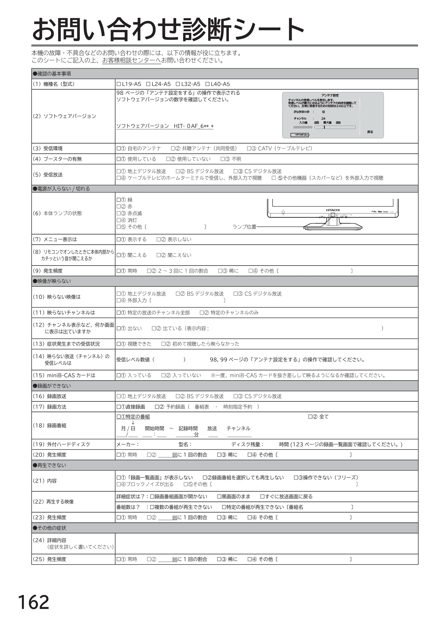 日立 L40-A5 / L32-A5 / L24-A5 取扱説明書 — お問い合わせ診断シート — 図版 162-1 — 162ページ
