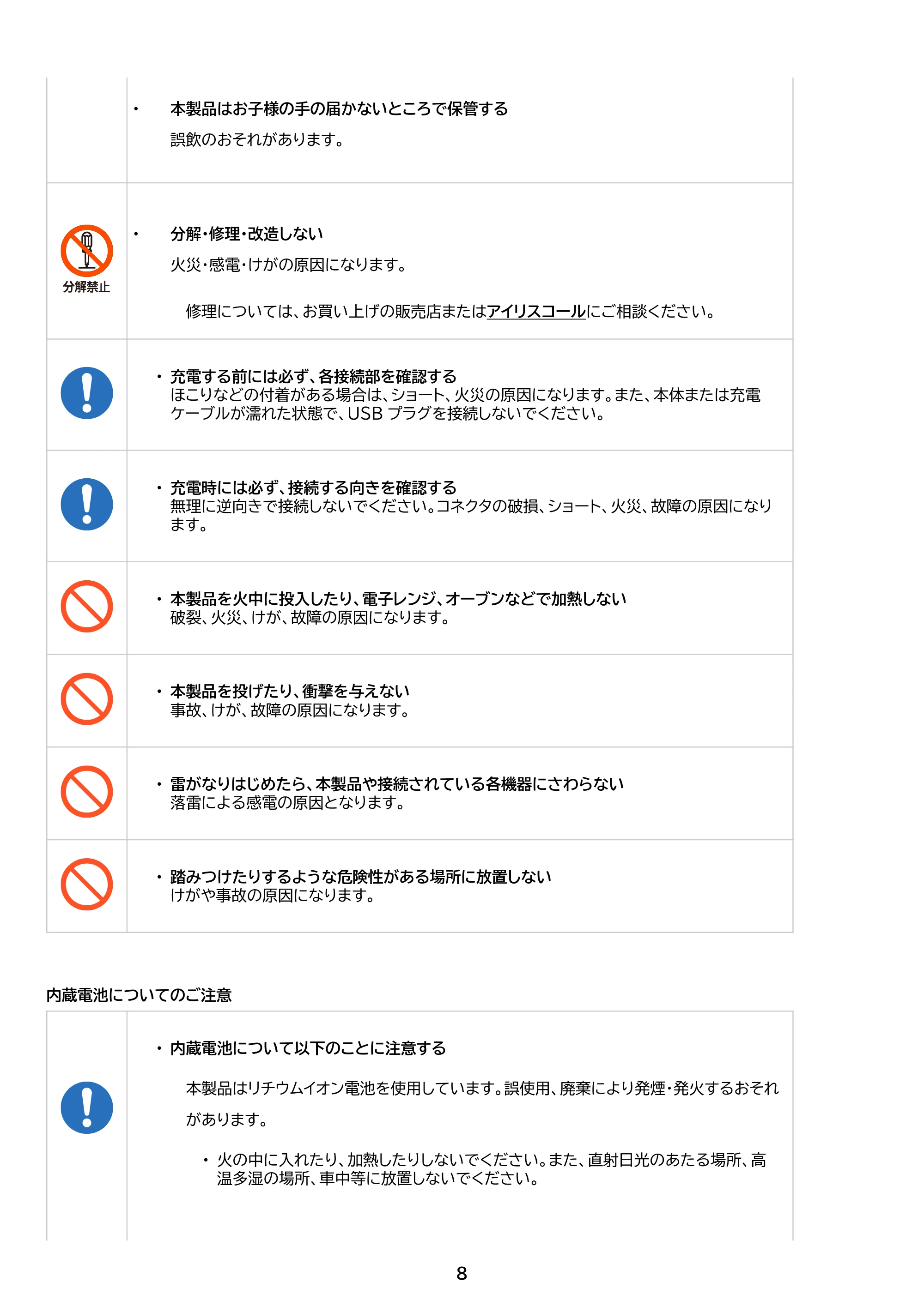アイリスオーヤマ BTS-101 取扱説明書 — 原本ページ — 8ページ