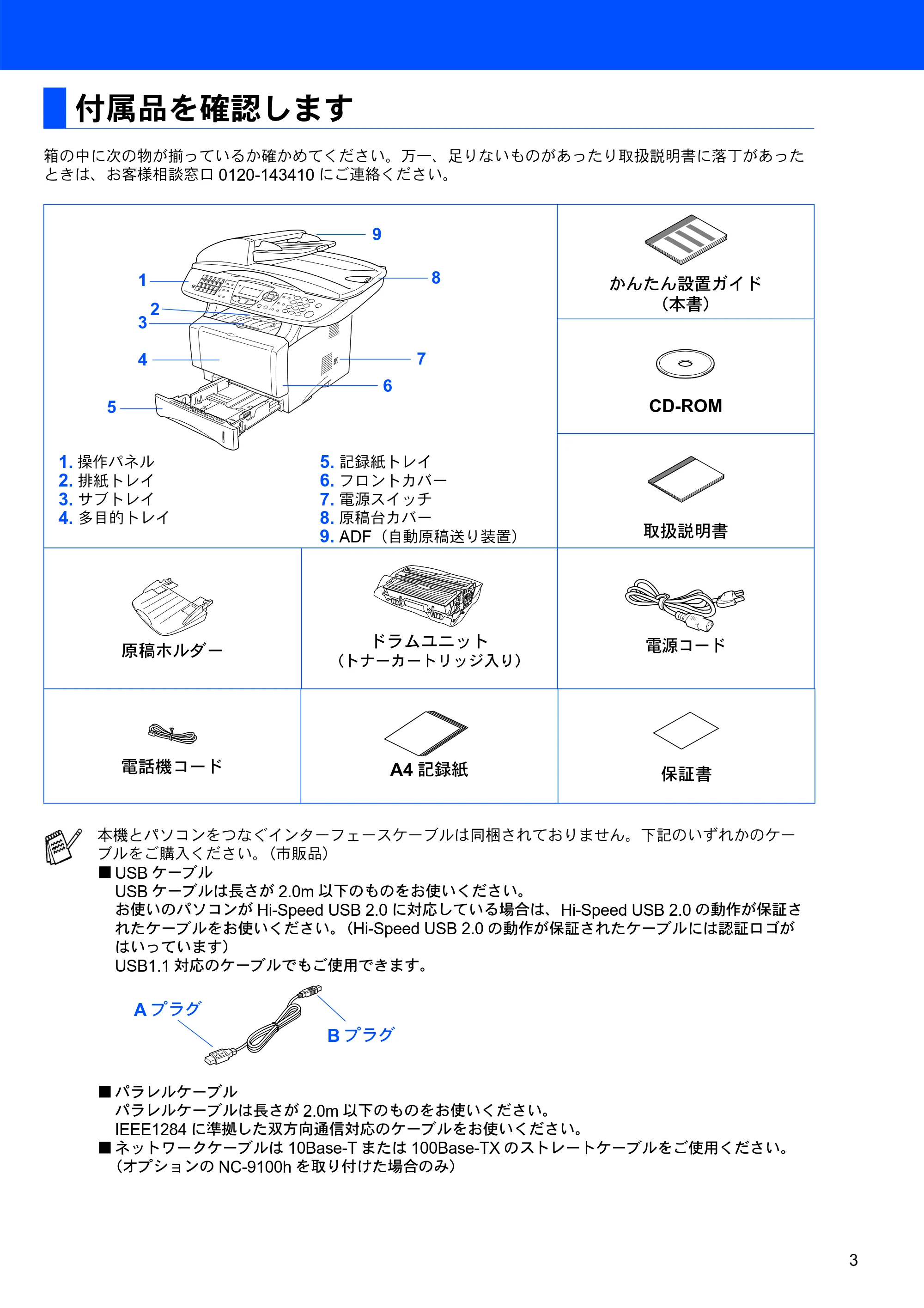 ブラザー MFC-8820J かんたん設置ガイド — 付属品を確認します — 原本ページ — 3ページ
