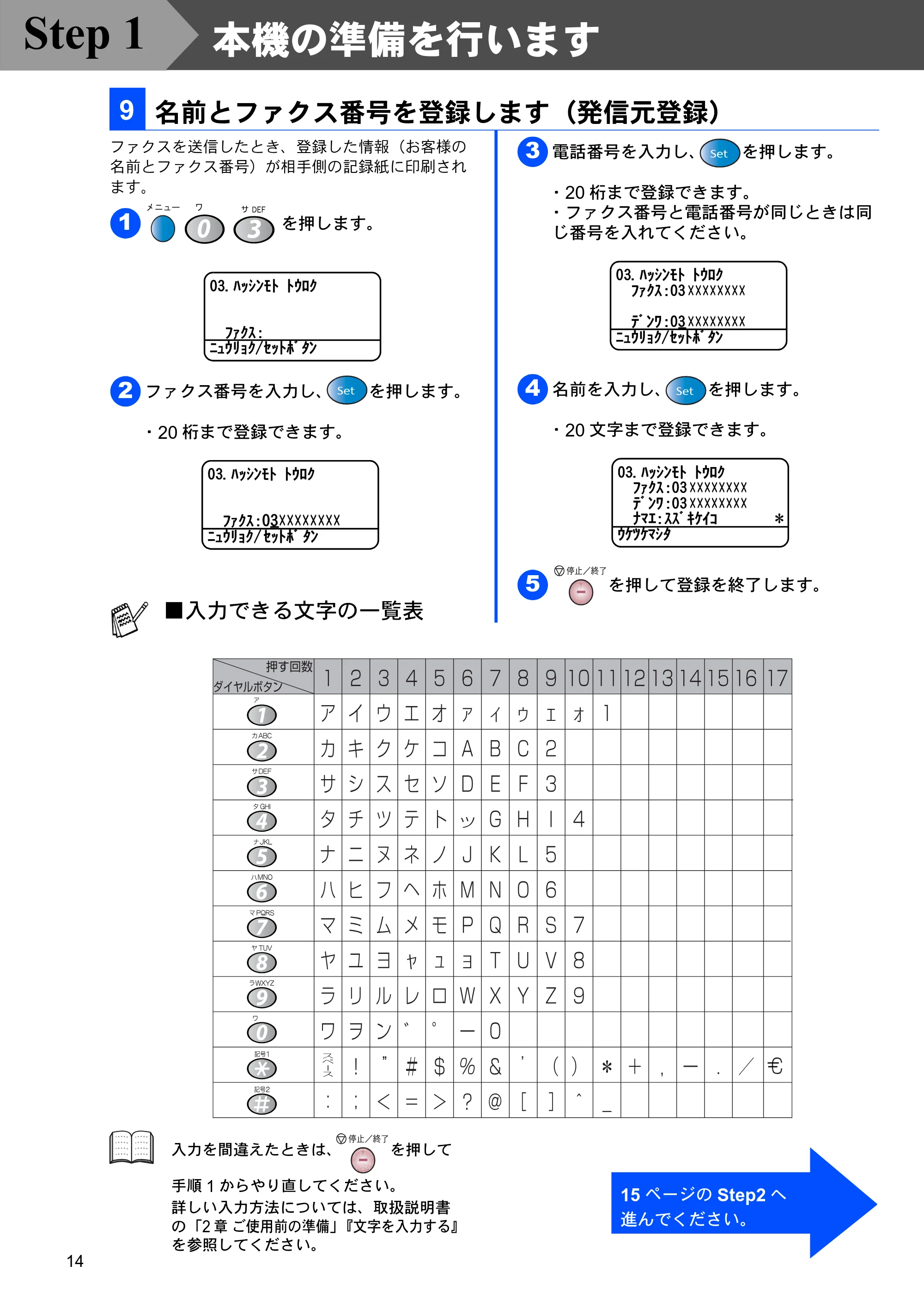ブラザー MFC-8820J かんたん設置ガイド — 名前とファクス番号を登録します（発信元登録） — 原本ページ — 14ページ
