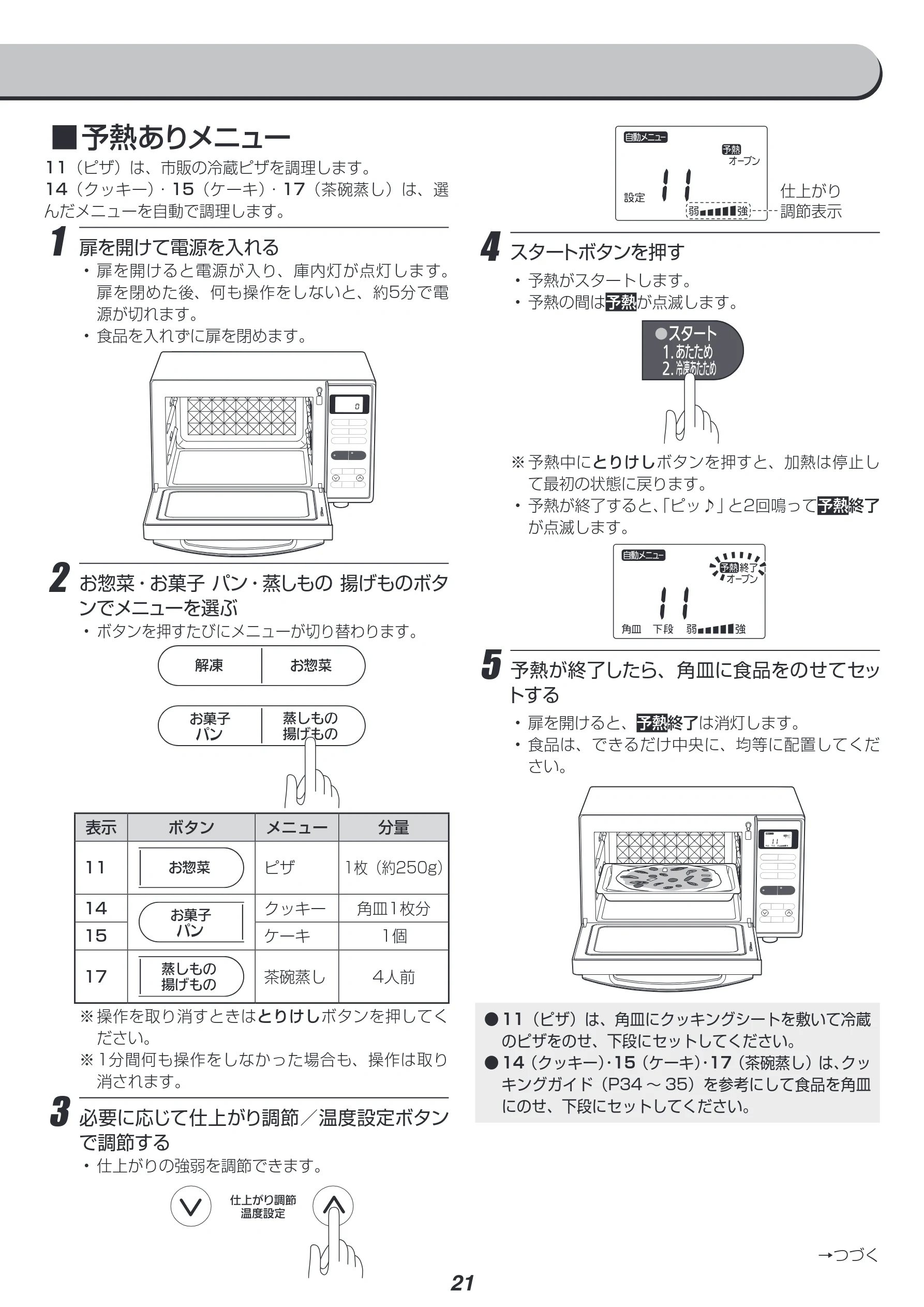 アイリスオーヤマ MO-FS2 取扱説明書 — ■ ■予熱ありメニュー — 図版 21-1 — 21ページ