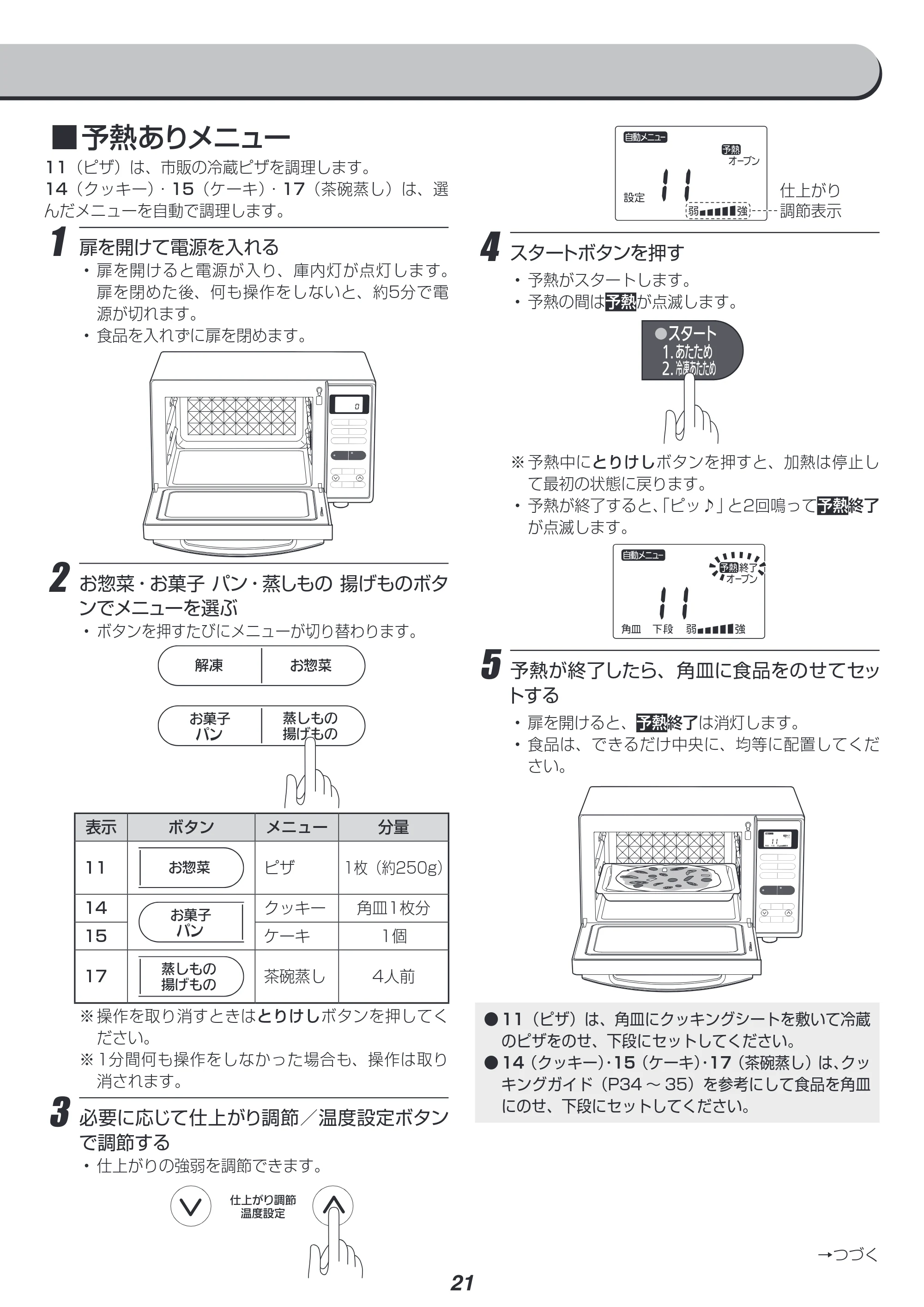 アイリスオーヤマ MO-FS2 取扱説明書 — ■ ■予熱ありメニュー — 原本ページ — 21ページ