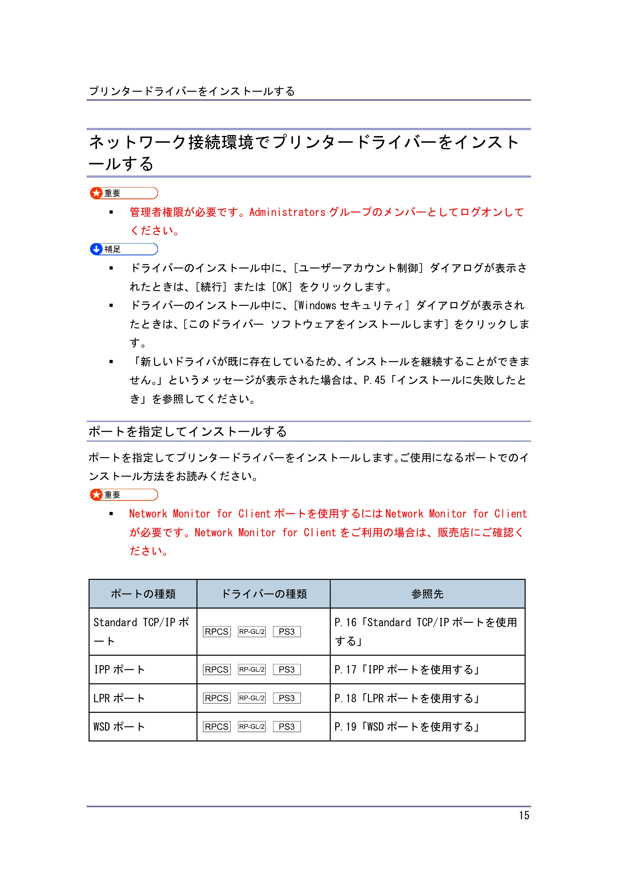 キヤノン iR W940/W940N ドライバーインストールガイド （PDF形式／1.09Mバイト） — ネットワーク接続環境でプリンタードライバーをインストールする — 原本ページ — 15ページ