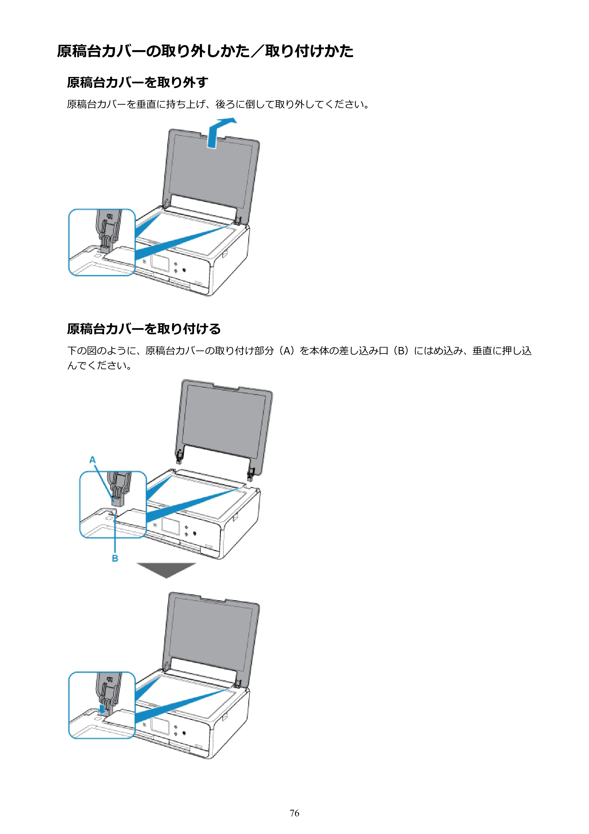 キヤノン PIXUS TS6130 電子マニュアル PDF版 (Windows版)(PDF:13.2MB) — 原稿台カバーの取り外しかた/取り付けかた — 原本ページ — 76ページ