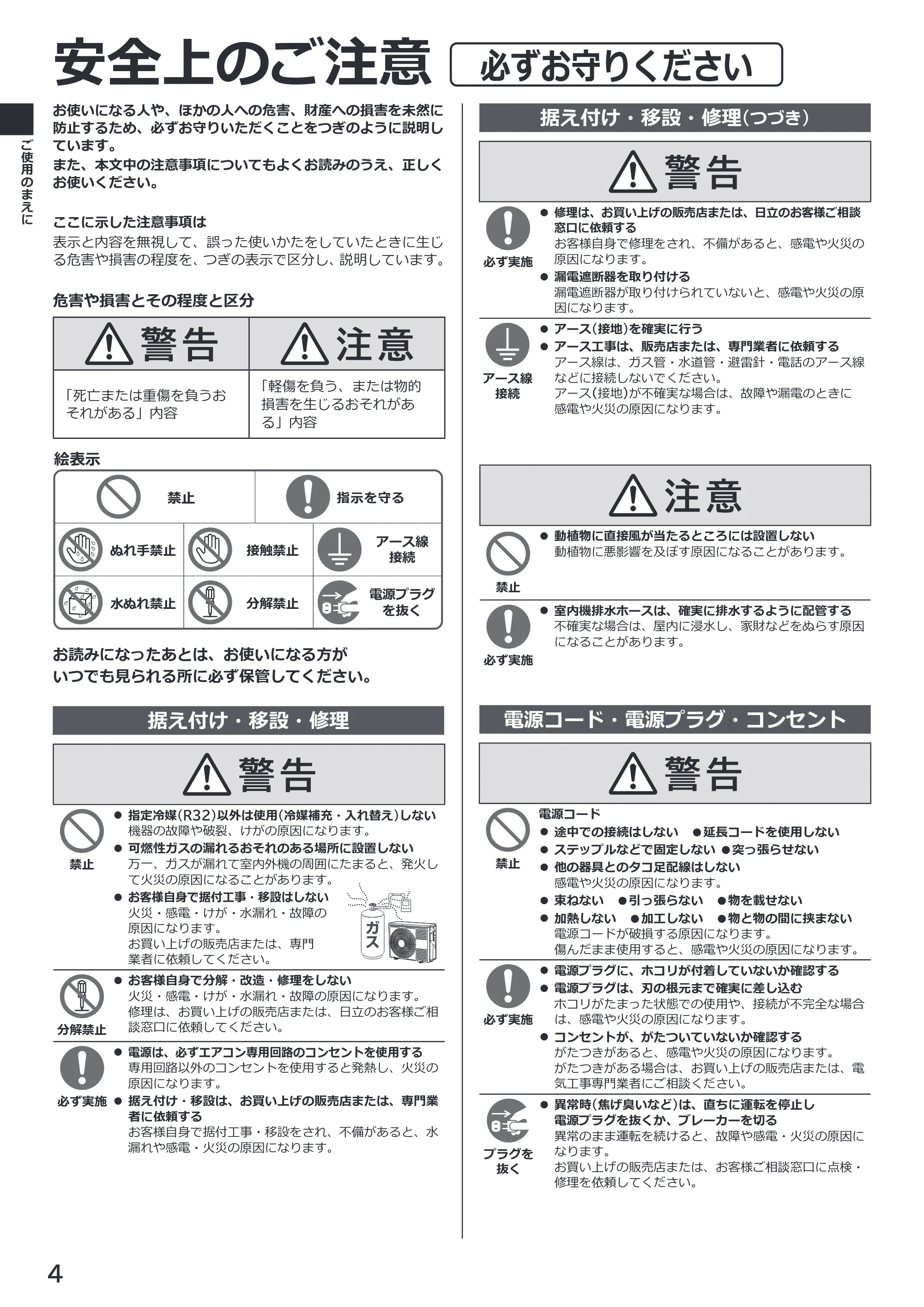 日立 RAS-ZJ2226SE / RAS-ZJ2526SE / RAS-ZJ2826SE 取扱説明書 — 原本ページ — 4ページ