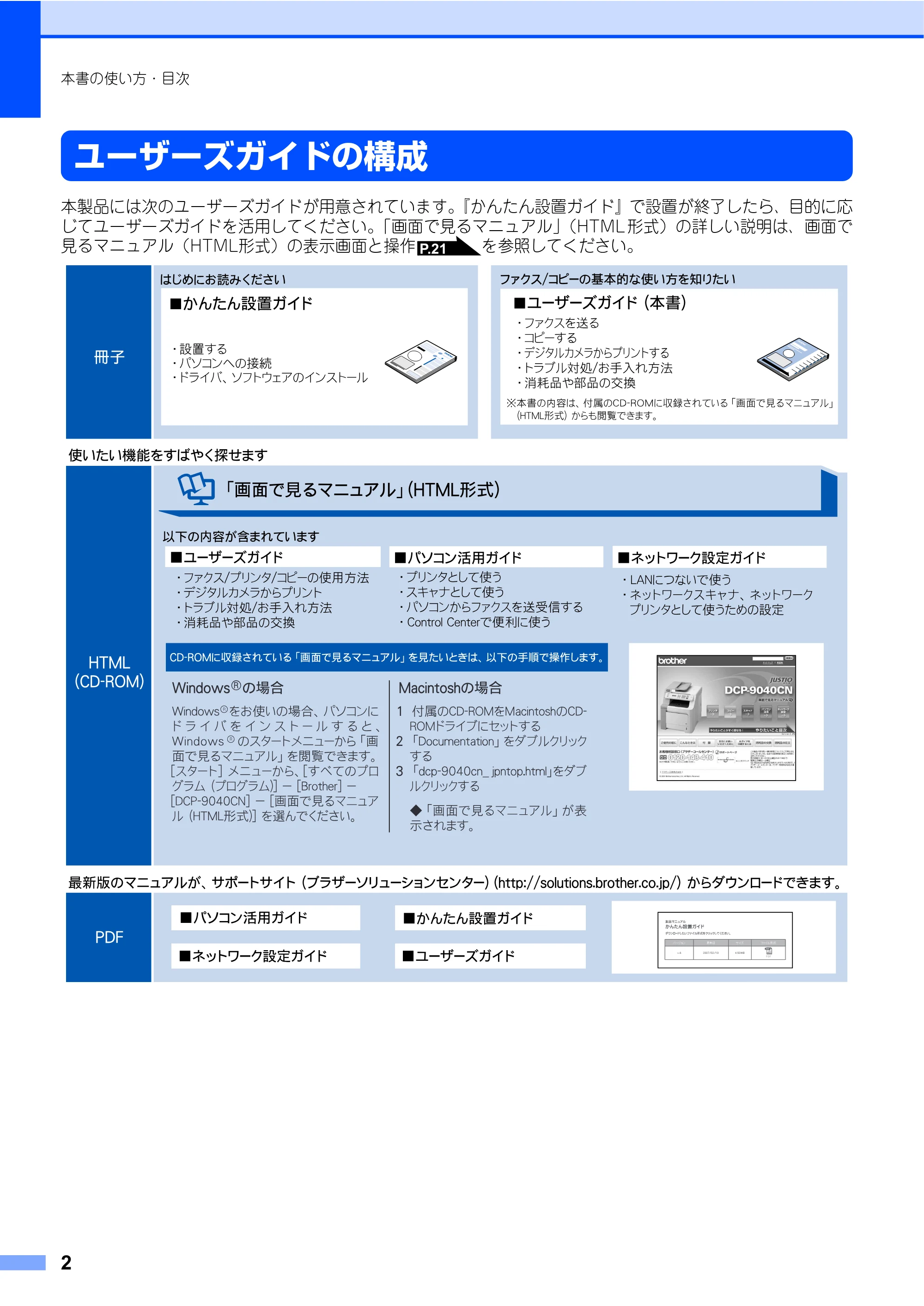 ブラザー DCP-9040CN 取扱説明書(本体) — ユーザーズガイドの構成 — 原本ページ — 2ページ