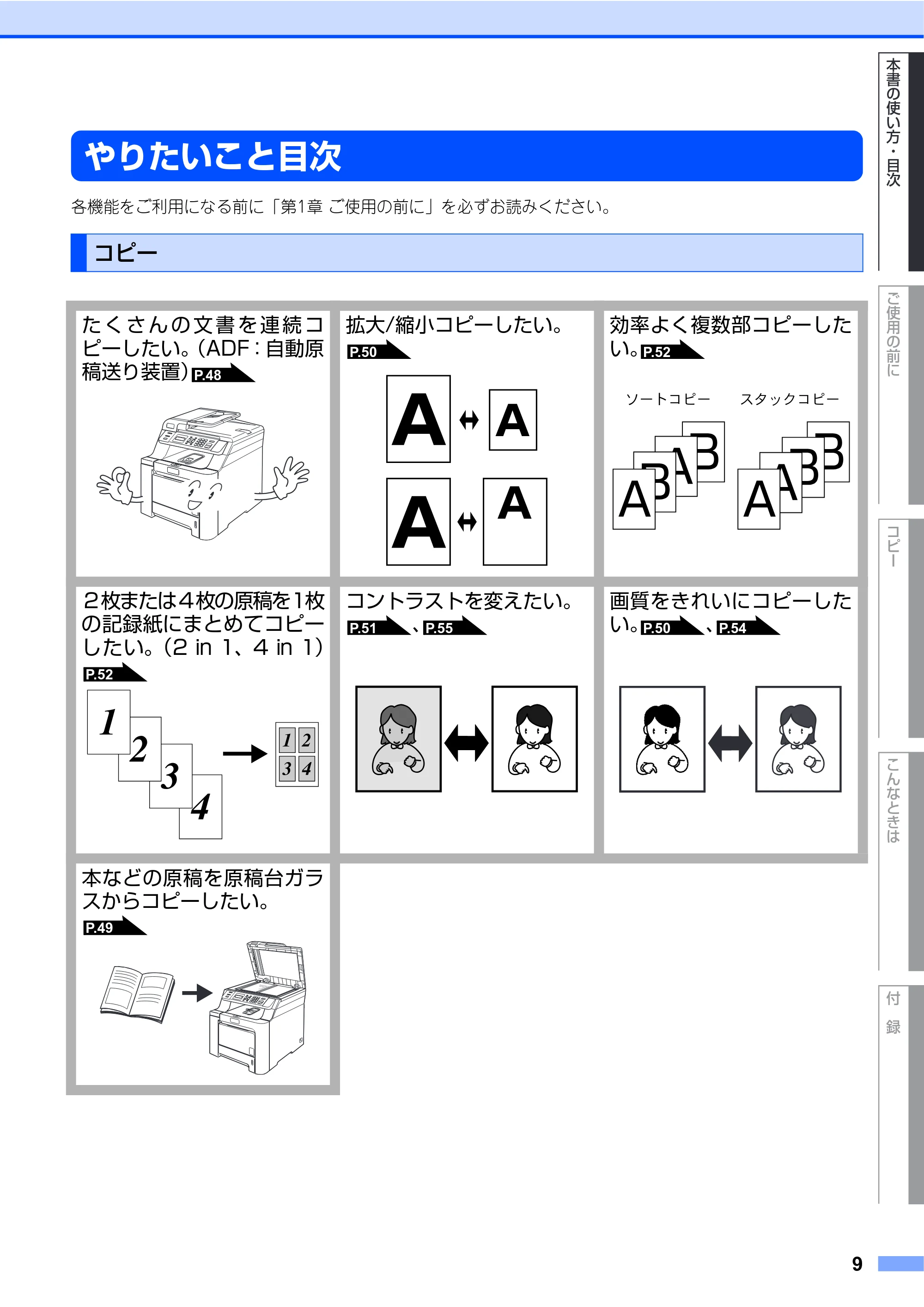ブラザー DCP-9040CN 取扱説明書(本体) — やりたいこと目次 — 原本ページ — 9ページ
