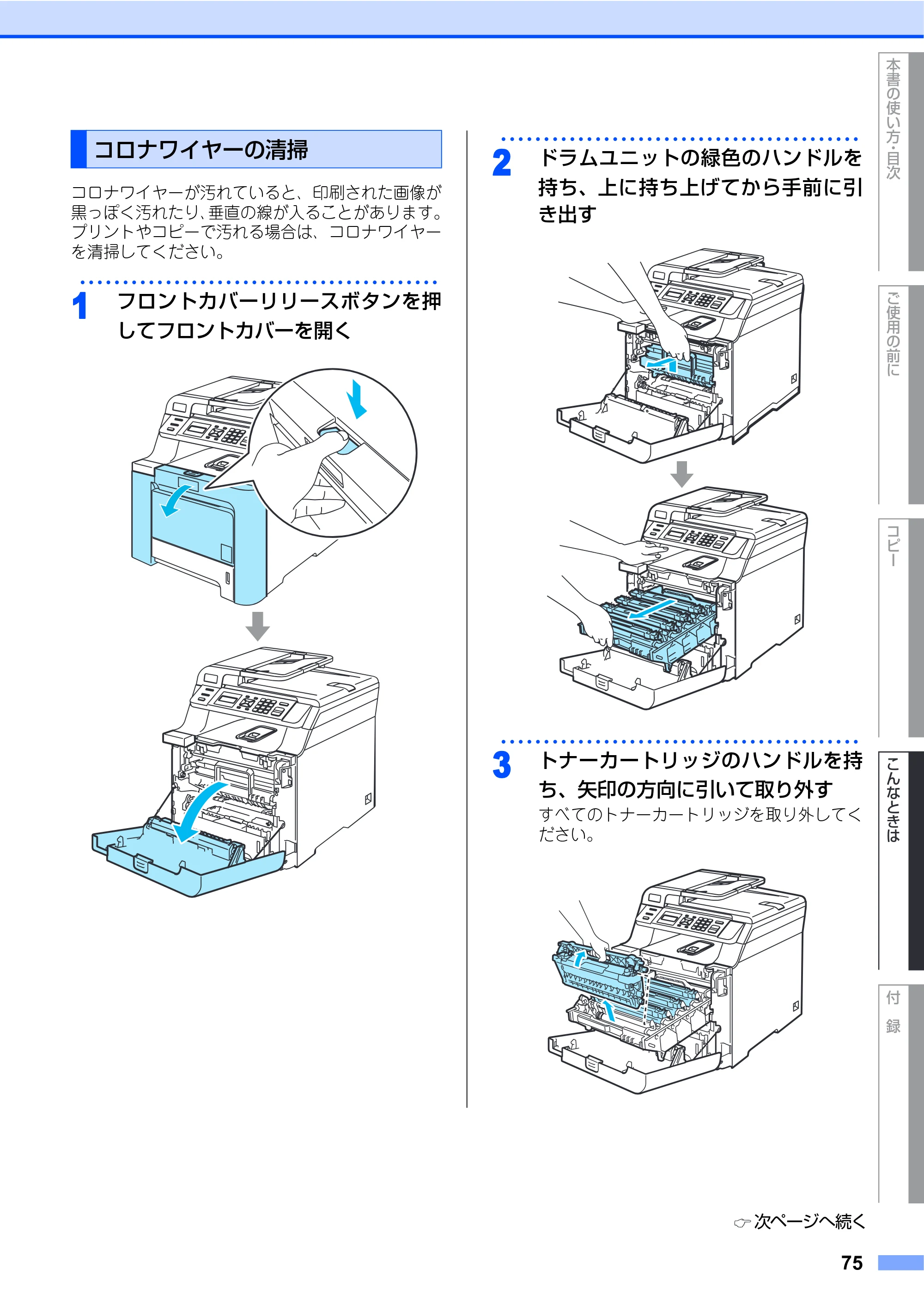 ブラザー DCP-9040CN 取扱説明書（本体） — コロナワイヤーの清掃 — 原本ページ — 75ページ