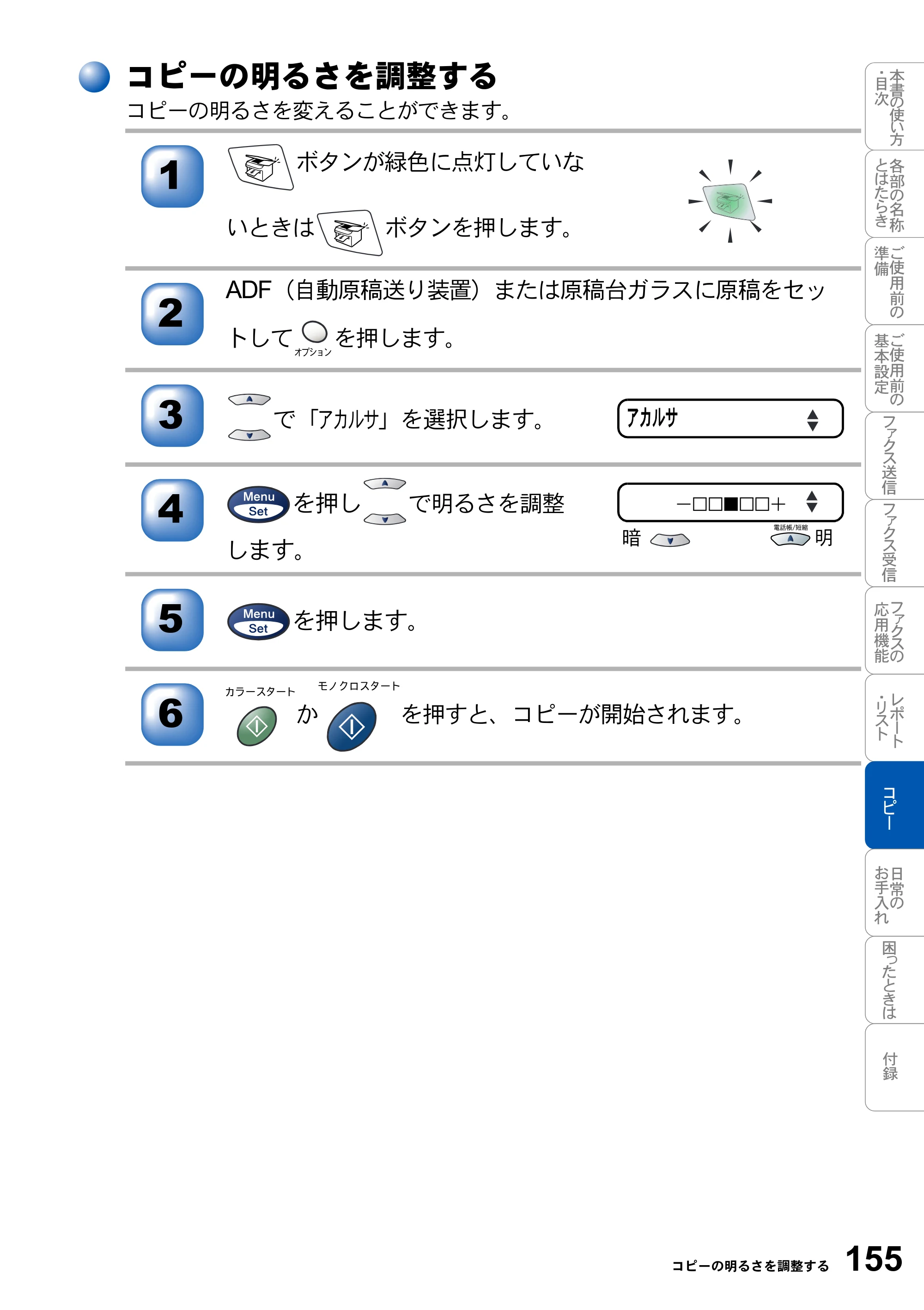 ブラザー MFC-3420J 取扱説明書（本体） — コピーの明るさを調整する — 原本ページ — 155ページ