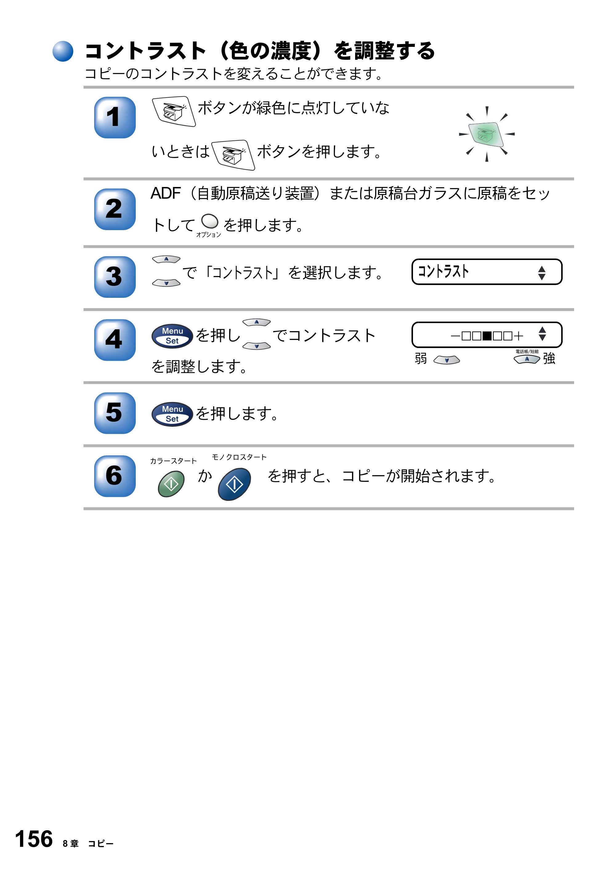 ブラザー MFC-3420J 取扱説明書（本体） — コントラスト（色の濃度）を調整する — 原本ページ — 156ページ