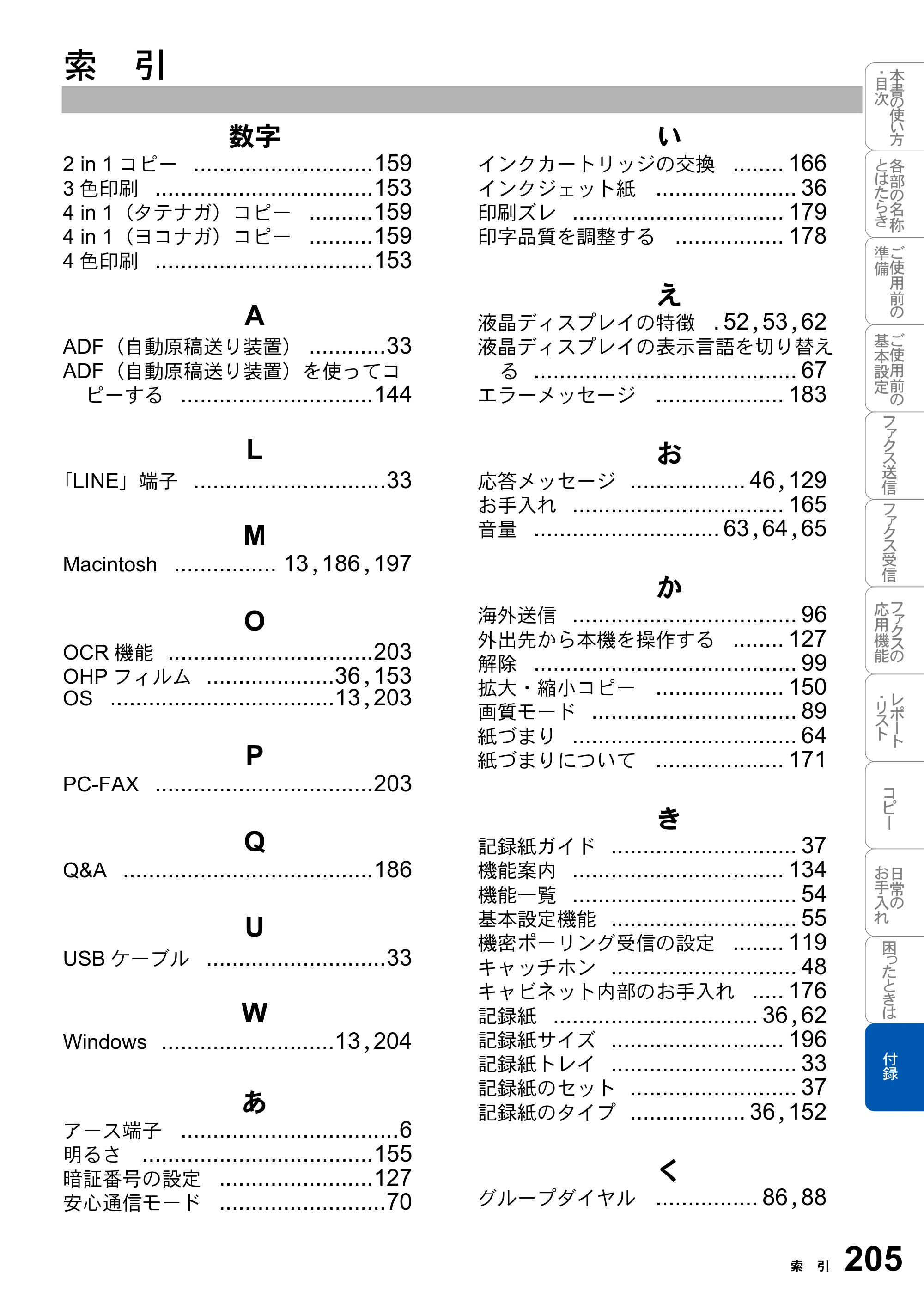 ブラザー MFC-3420J 取扱説明書（本体） — 索 引 — 原本ページ — 205ページ