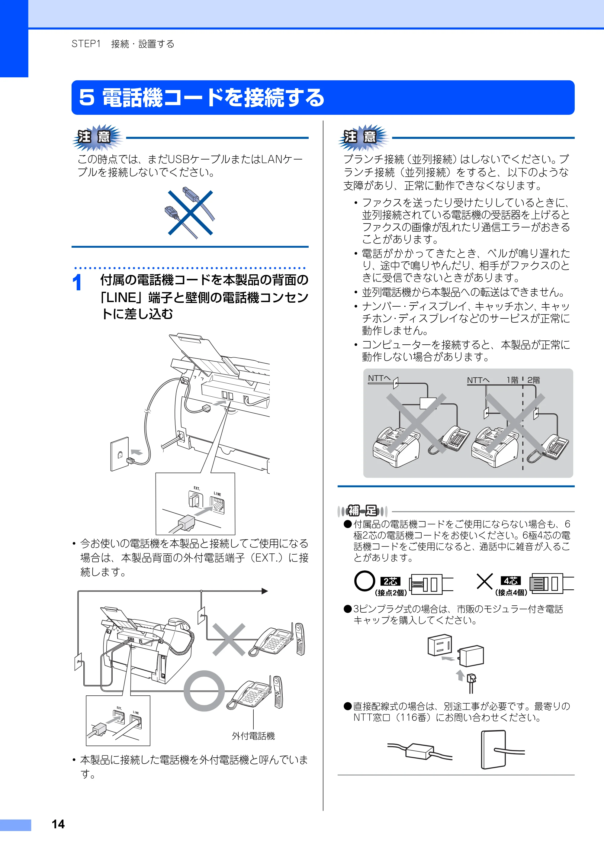 ブラザー FAX-2810N かんたん設置ガイド — 電話機コードを接続する — 原本ページ — 14ページ