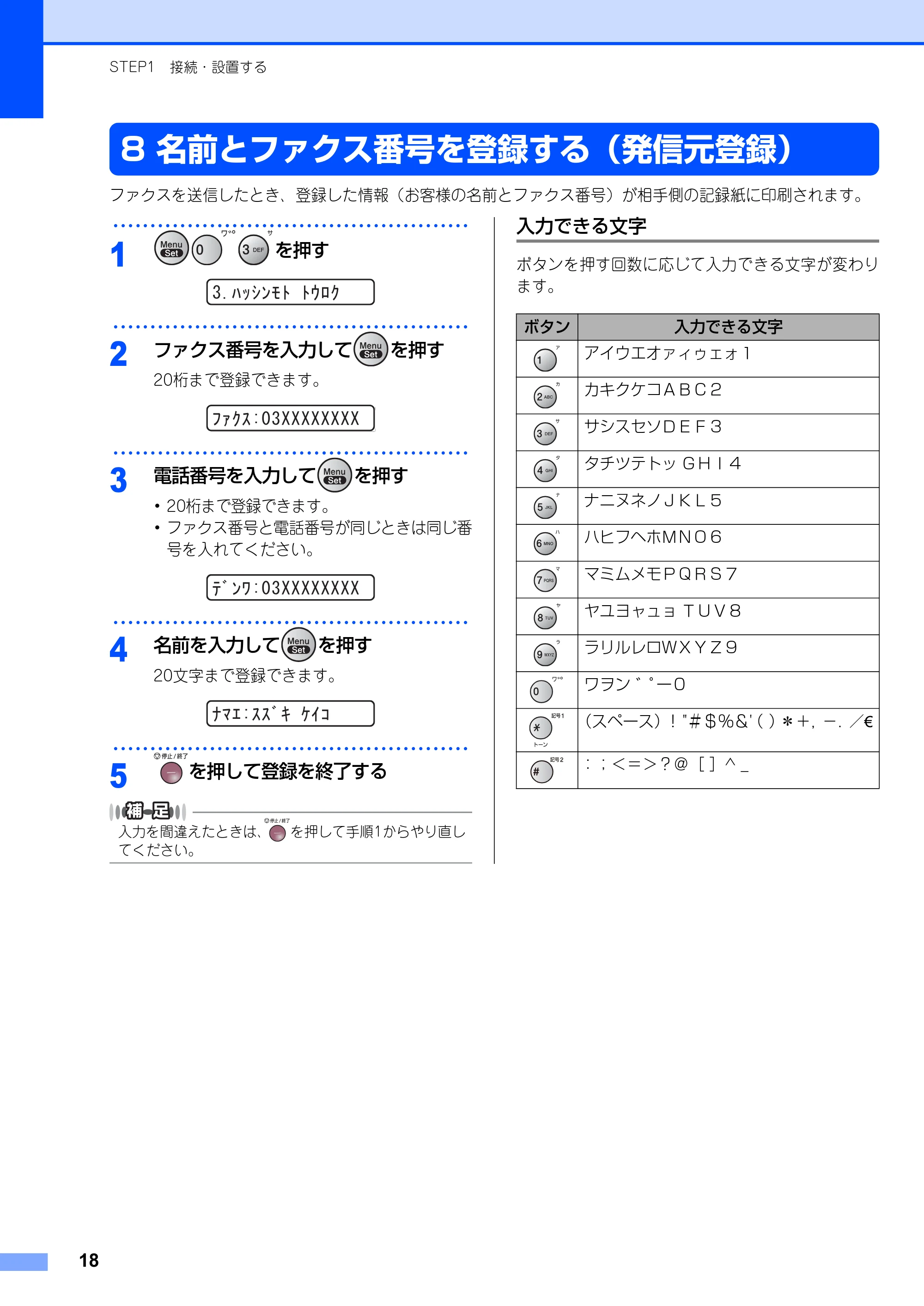 ブラザー FAX-2810N かんたん設置ガイド — 名前とファクス番号を登録する(発信元登録) — 原本ページ — 18ページ