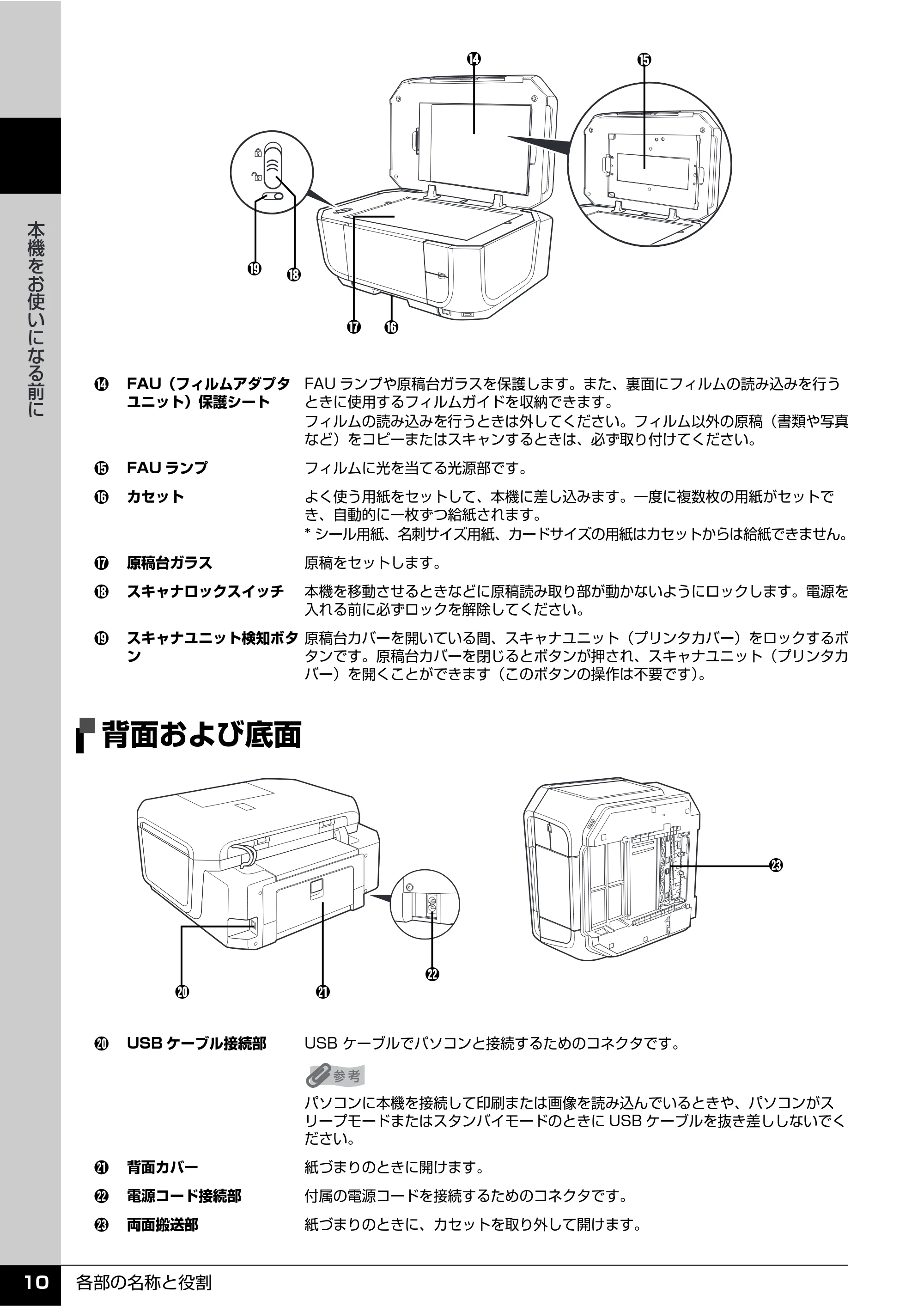 キヤノン PIXUS MP810 操作ガイド（本体操作編） （PDF形式／13.34Mバイト） — 背面および底面 — 原本ページ — 12ページ