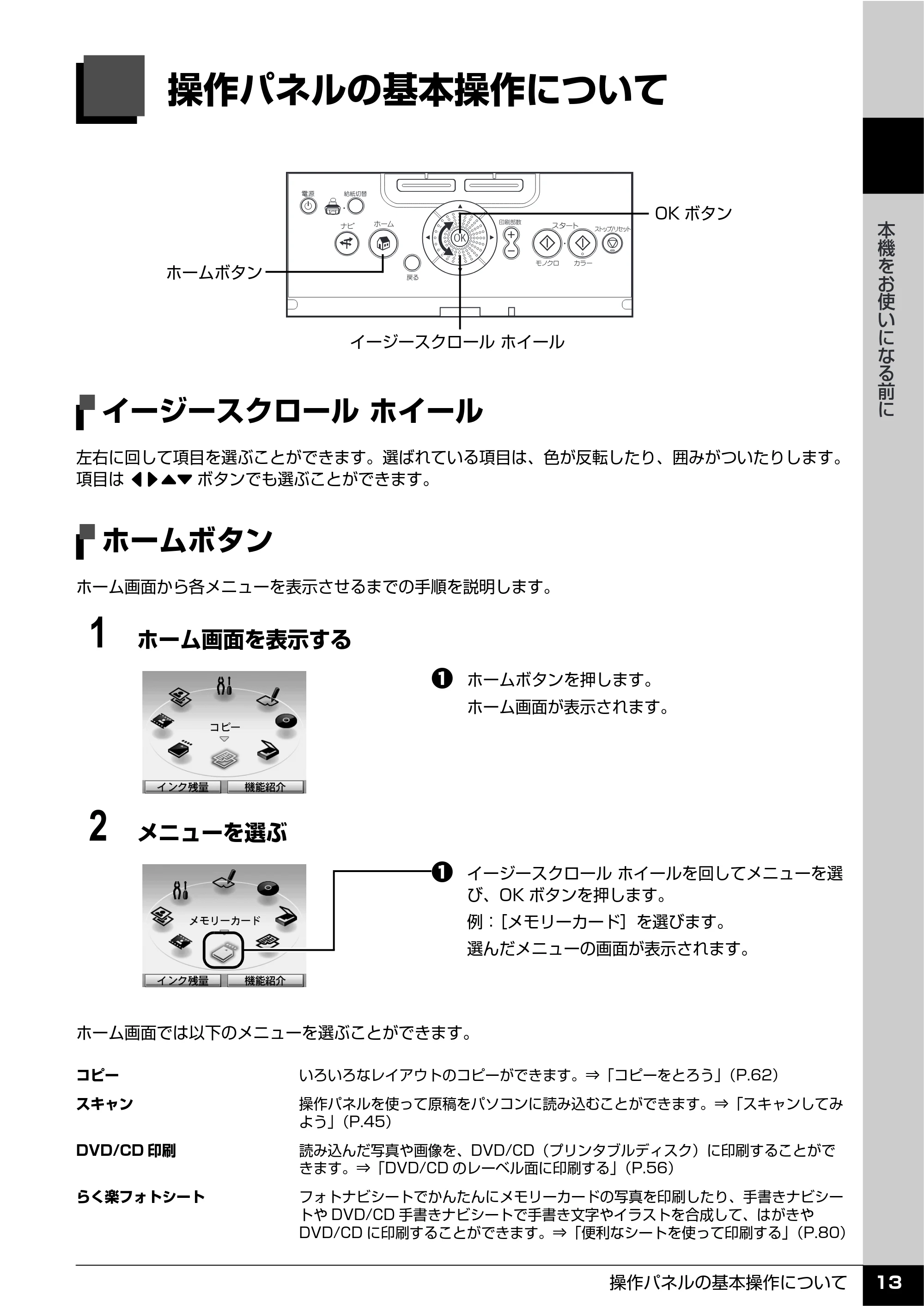 キヤノン PIXUS MP810 操作ガイド（本体操作編） （PDF形式／13.34Mバイト） — 操作パネルの基本操作について — 原本ページ — 15ページ