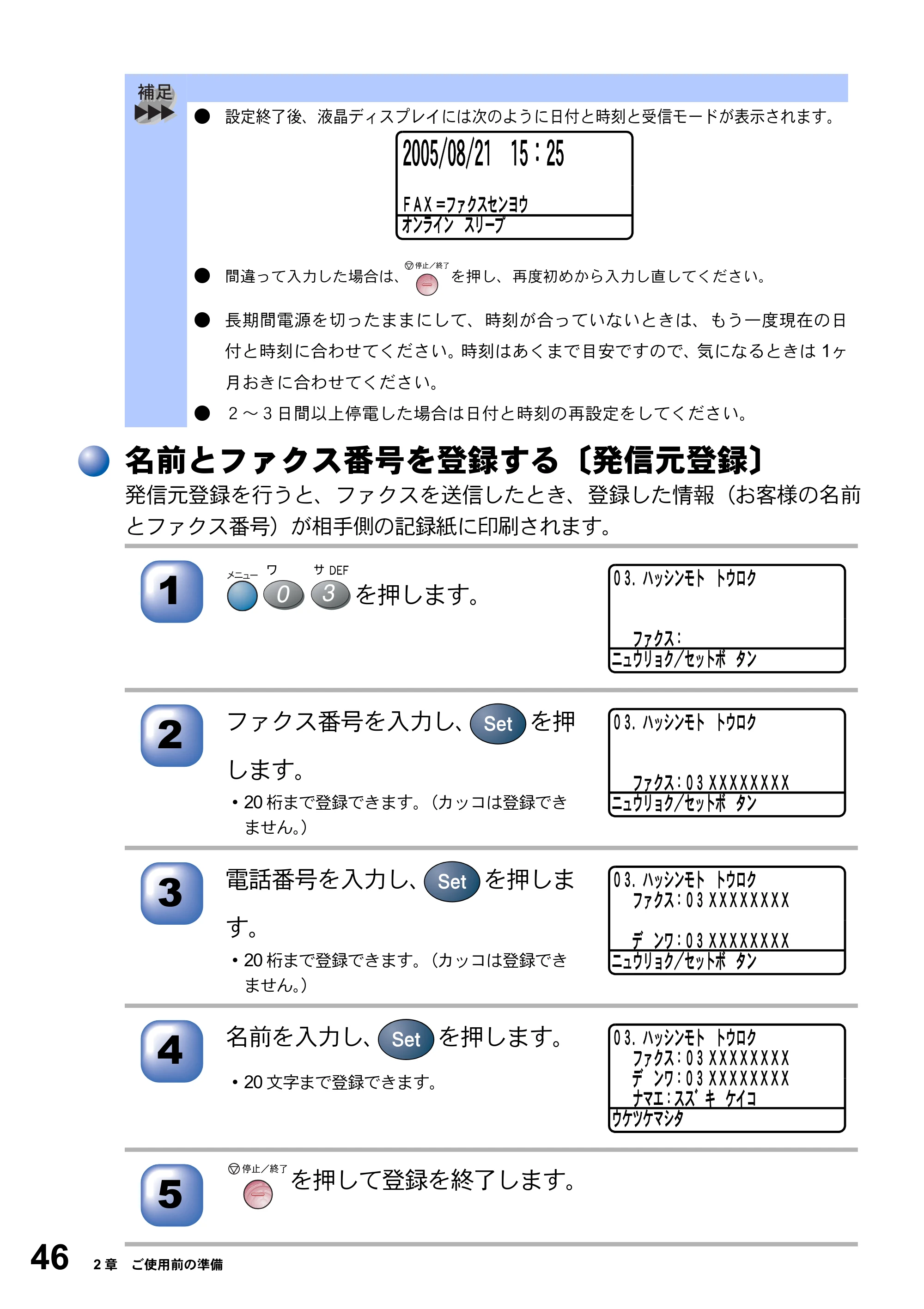 ブラザー MFC-8820J / MFC-8820JN 取扱説明書（本体） — 名前とファクス番号を登録する〔発信元登録〕 — 原本ページ — 46ページ