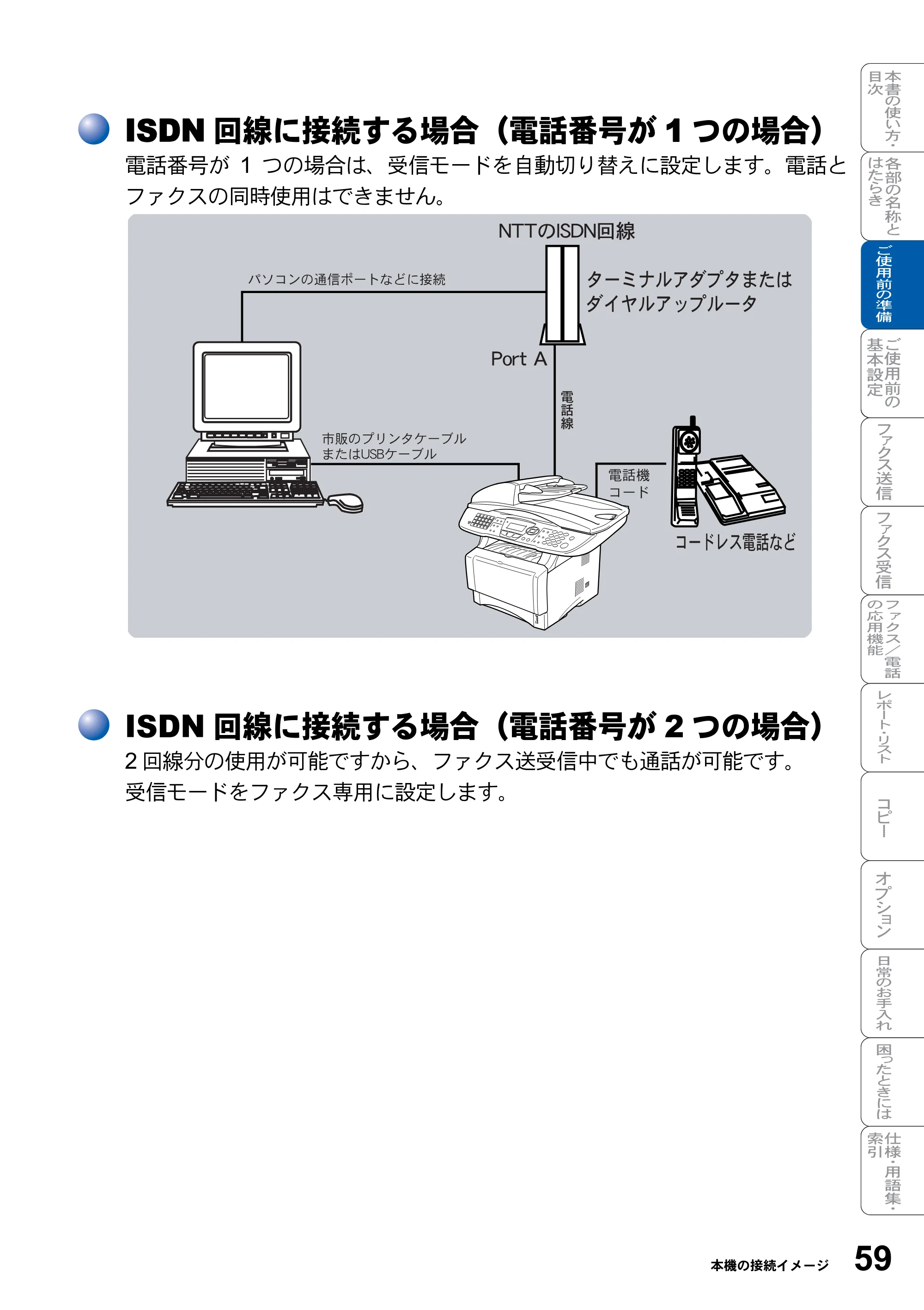 ブラザー MFC-8820J / MFC-8820JN 取扱説明書（本体） — ISDN回線に接続する場合（電話番号が1つの場合） — 原本ページ — 59ページ
