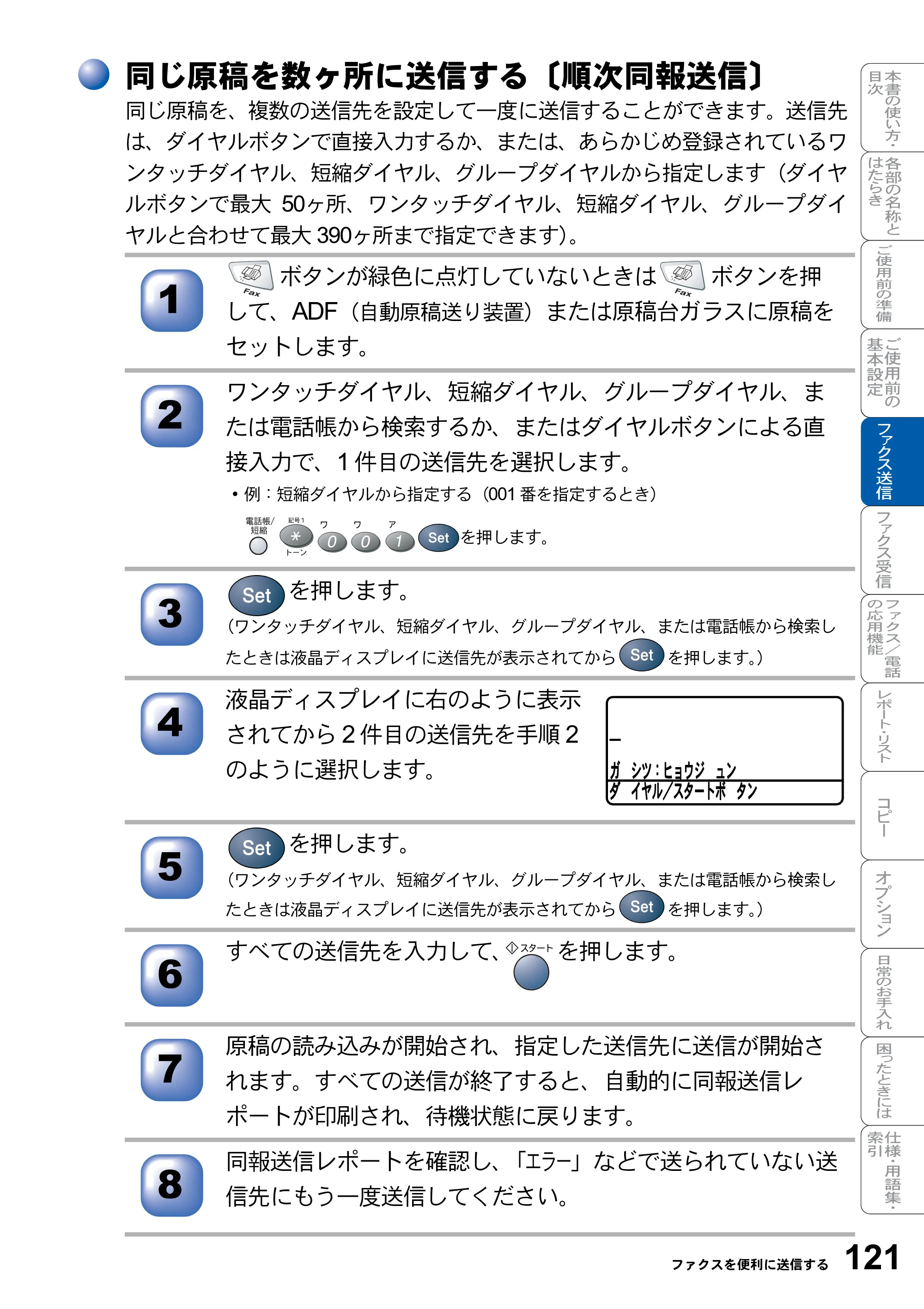 ブラザー MFC-8820J / MFC-8820JN 取扱説明書（本体） — 同じ原稿を数ヶ所に送信する〔順次同報送信〕 — 原本ページ — 121ページ