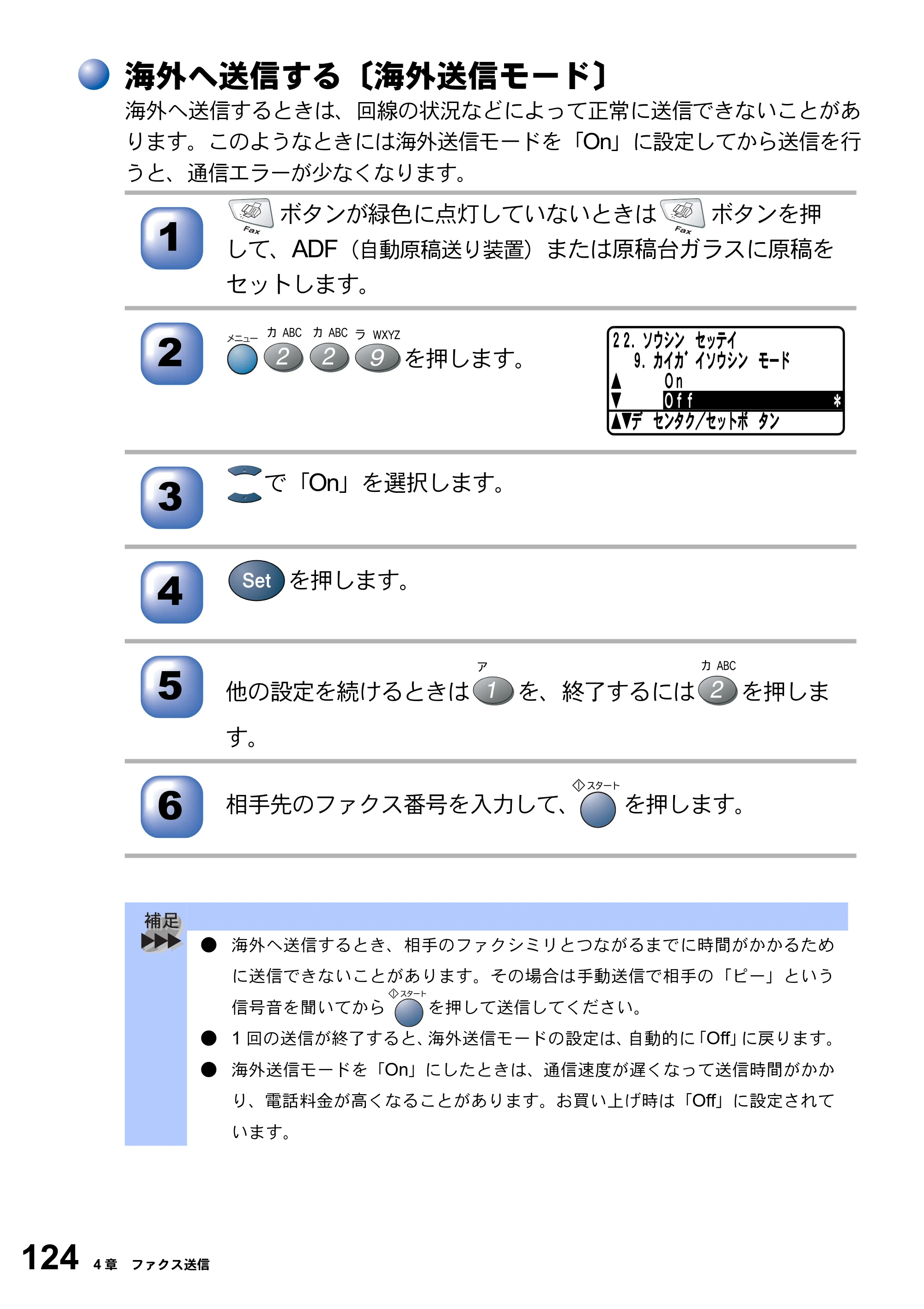 ブラザー MFC-8820J / MFC-8820JN 取扱説明書（本体） — 海外へ送信する〔海外送信モード〕 — 原本ページ — 124ページ