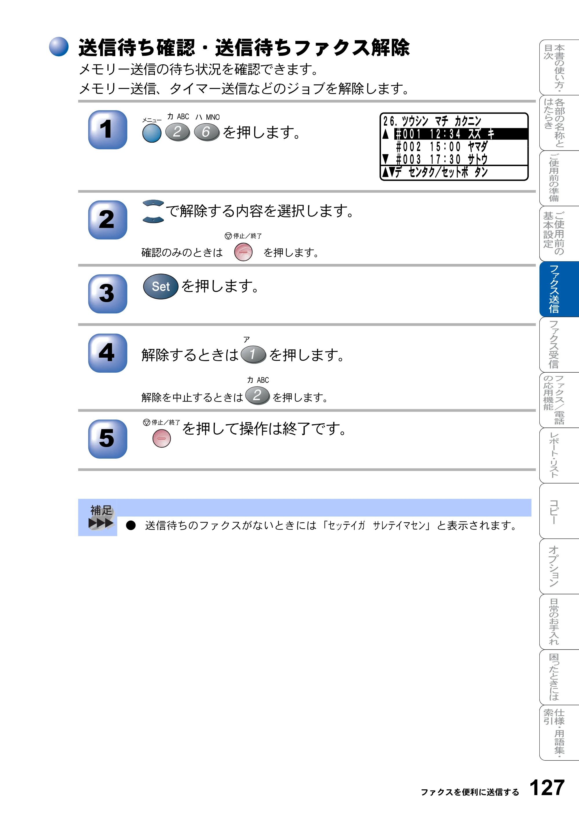 ブラザー MFC-8820J / MFC-8820JN 取扱説明書（本体） — 送信待ち確認・送信待ちファクス解除 — 原本ページ — 127ページ