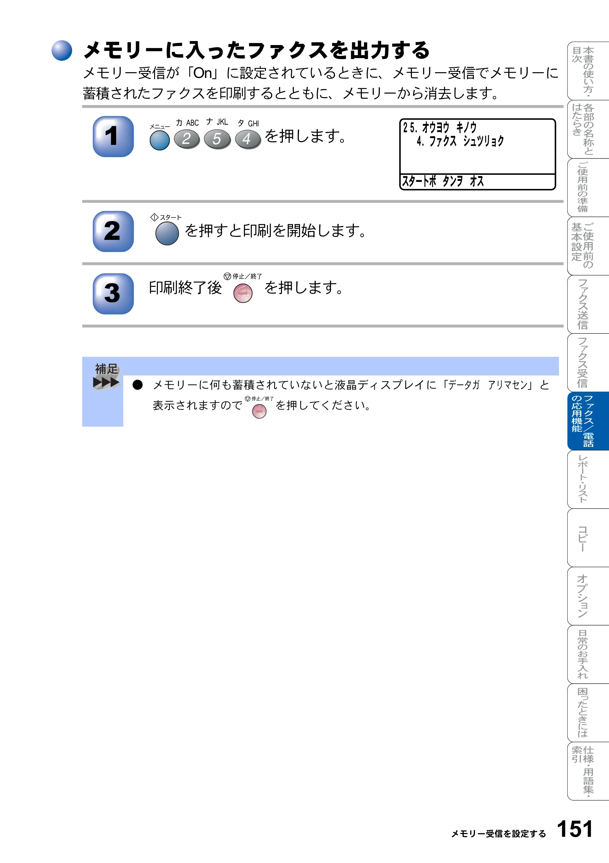 ブラザー MFC-8820J / MFC-8820JN 取扱説明書（本体） — メモリーに入ったファクスを出力する — 原本ページ — 151ページ