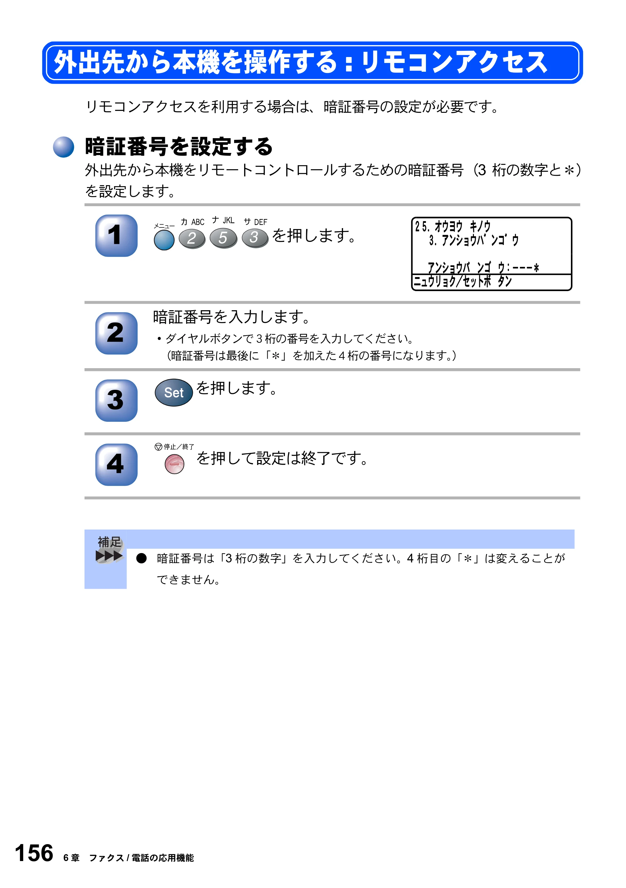 ブラザー MFC-8820J / MFC-8820JN 取扱説明書（本体） — 外出先から本機を操作する:リモコンアクセス — 原本ページ — 156ページ