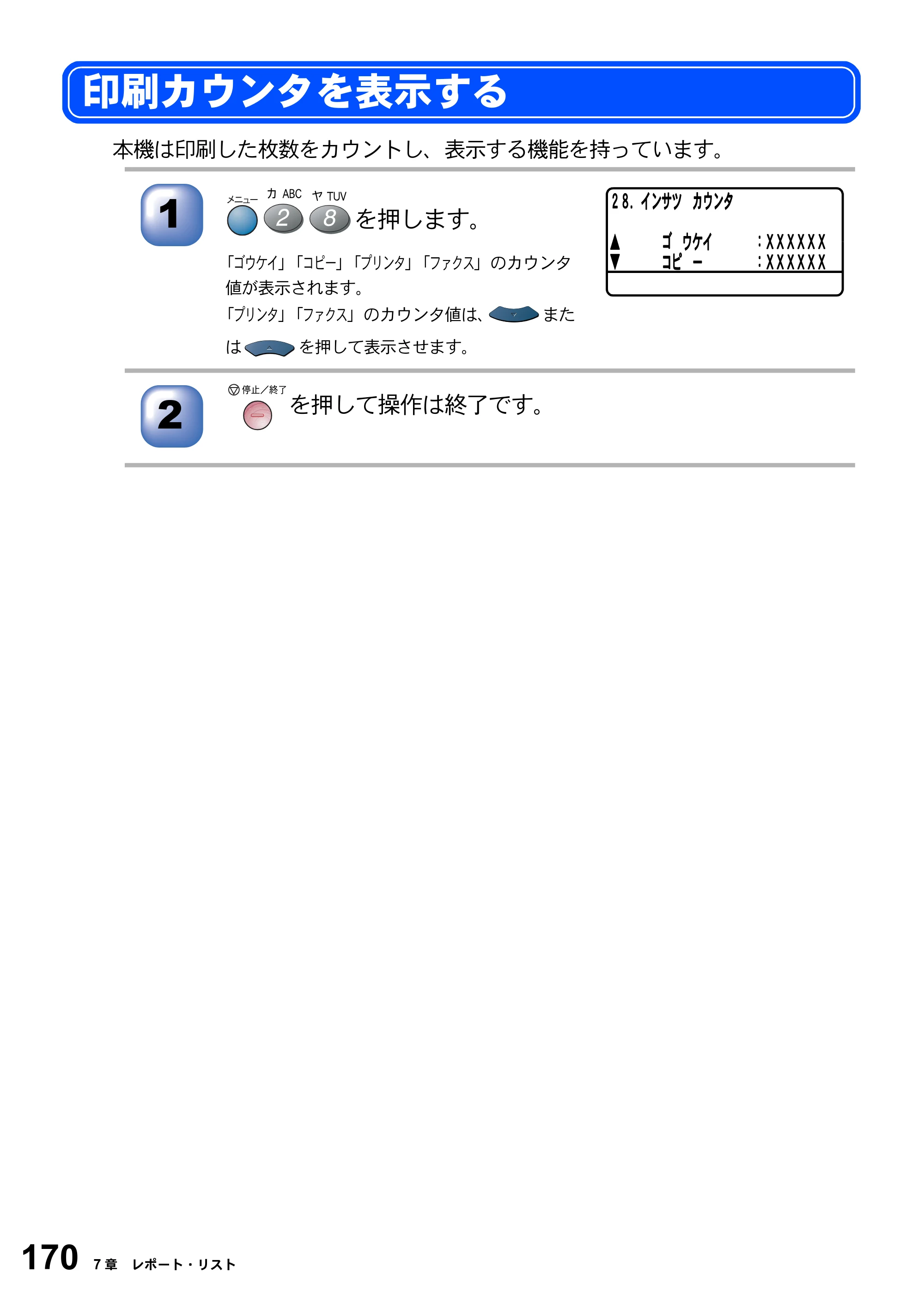 ブラザー MFC-8820J / MFC-8820JN 取扱説明書（本体） — 印刷カウンタを表示する — 原本ページ — 170ページ