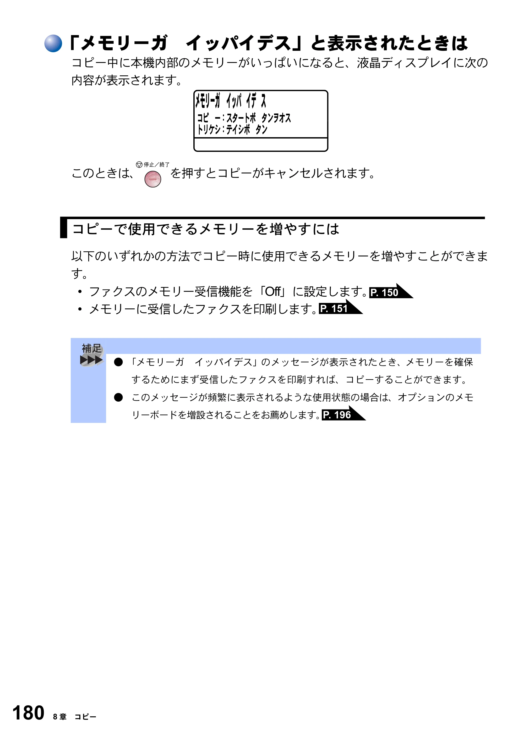 ブラザー MFC-8820J / MFC-8820JN 取扱説明書（本体） — 「メモリーガ イッパイデス」と表示されたときは — 原本ページ — 180ページ