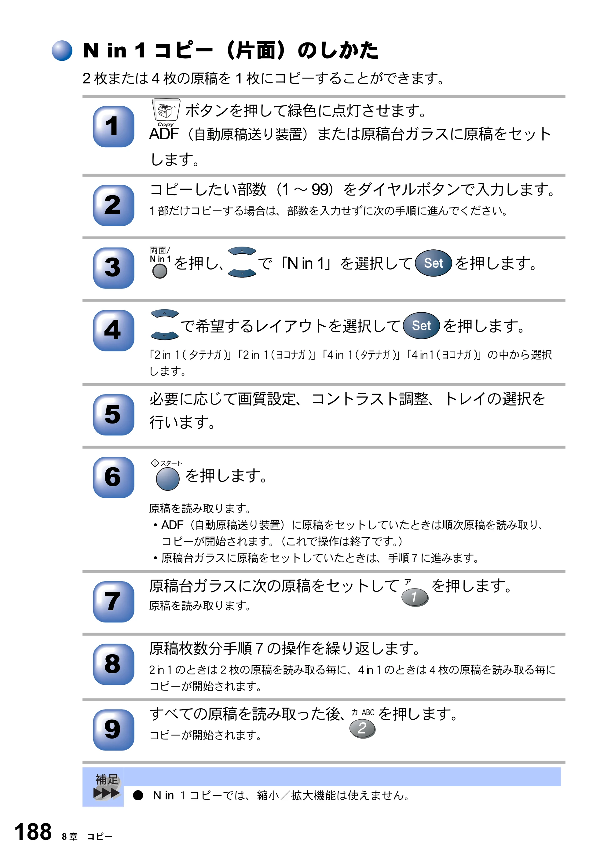 ブラザー MFC-8820J / MFC-8820JN 取扱説明書（本体） — N in 1コピー（片面）のしかた — 原本ページ — 188ページ