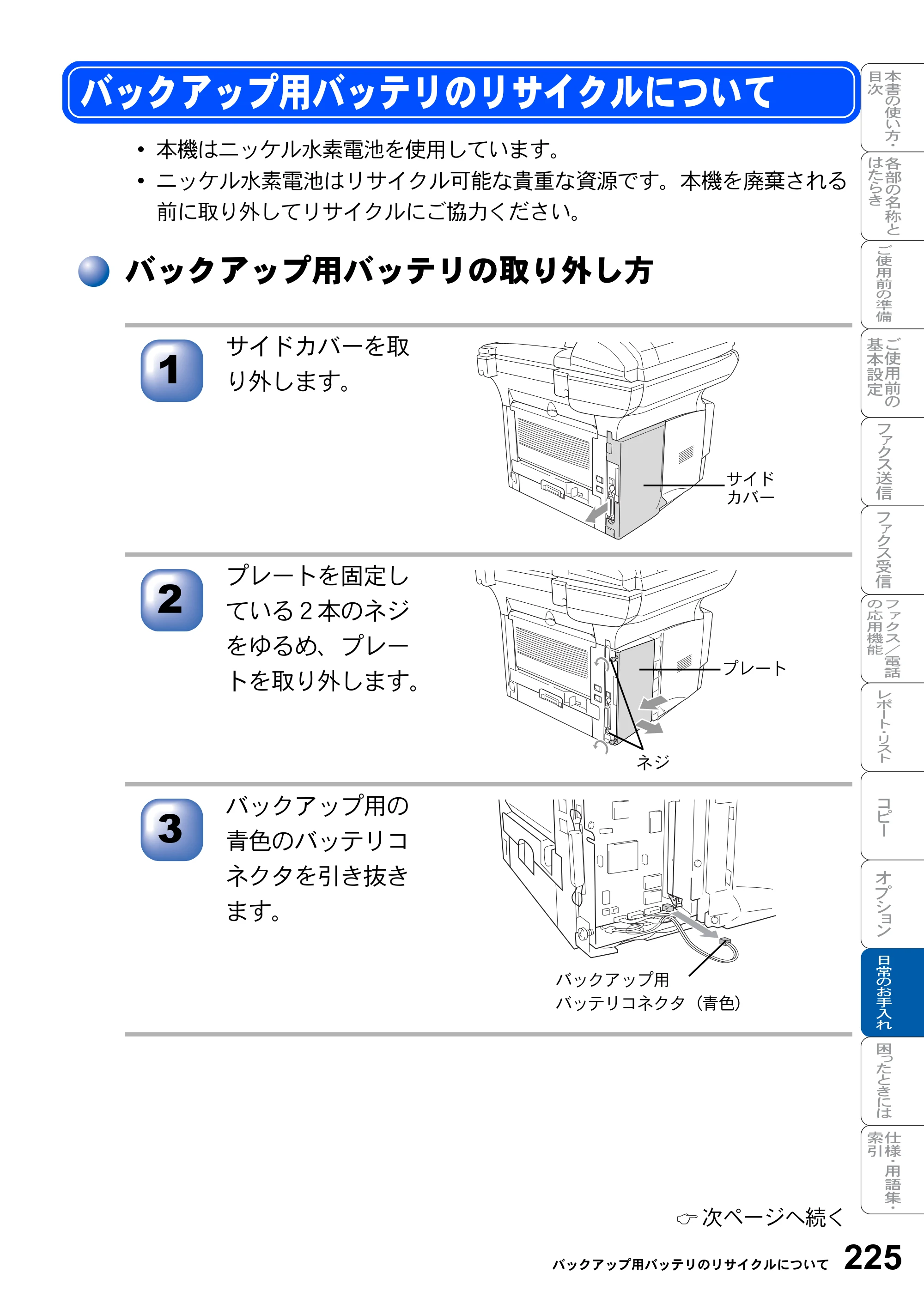 ブラザー MFC-8820J / MFC-8820JN 取扱説明書（本体） — バックアップ用バッテリのリサイクルについて — 原本ページ — 225ページ