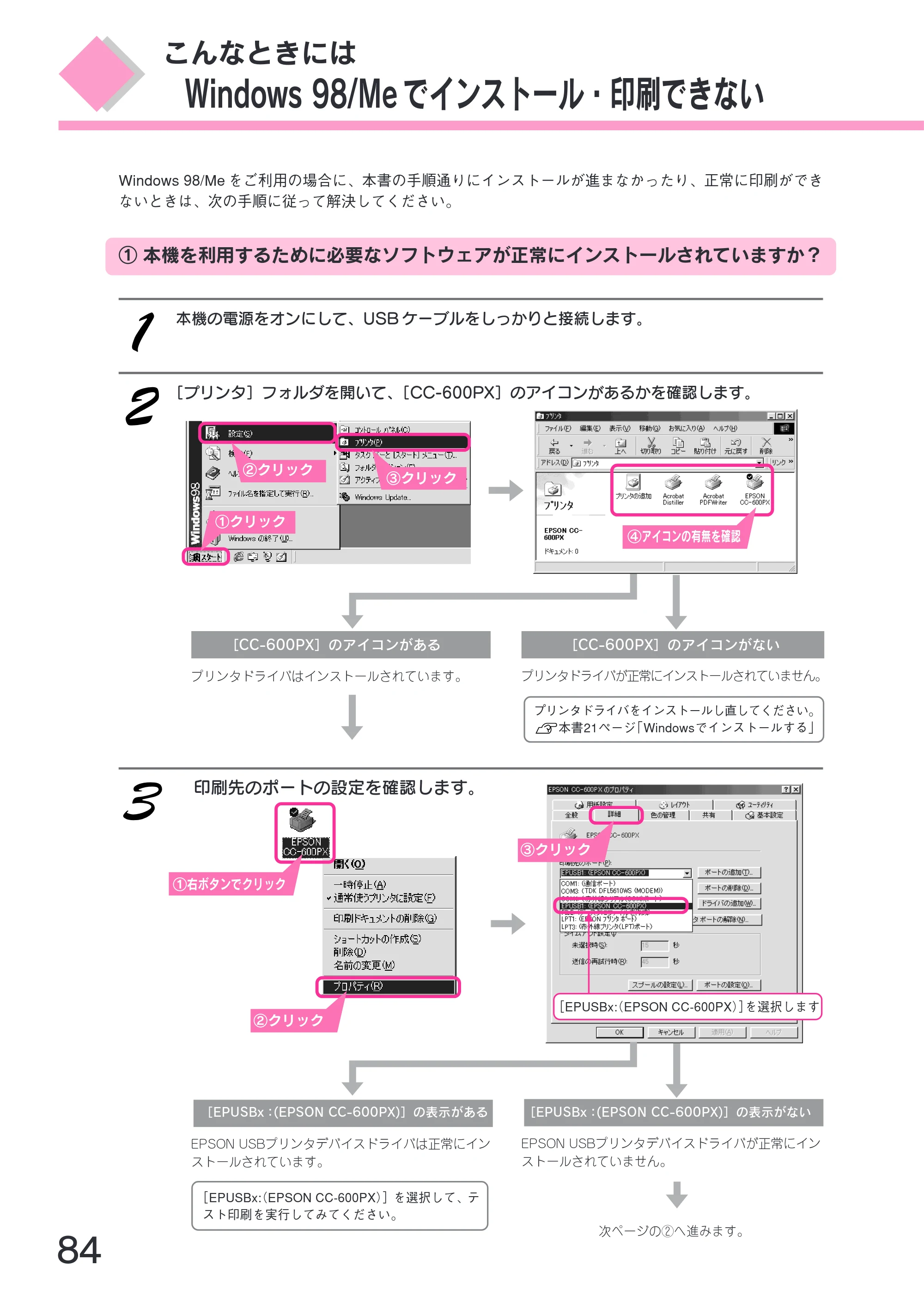 エプソン CC-600PX スタートアップガイド — Windows 98/Me でインストール・印刷できない — 原本ページ — 86ページ