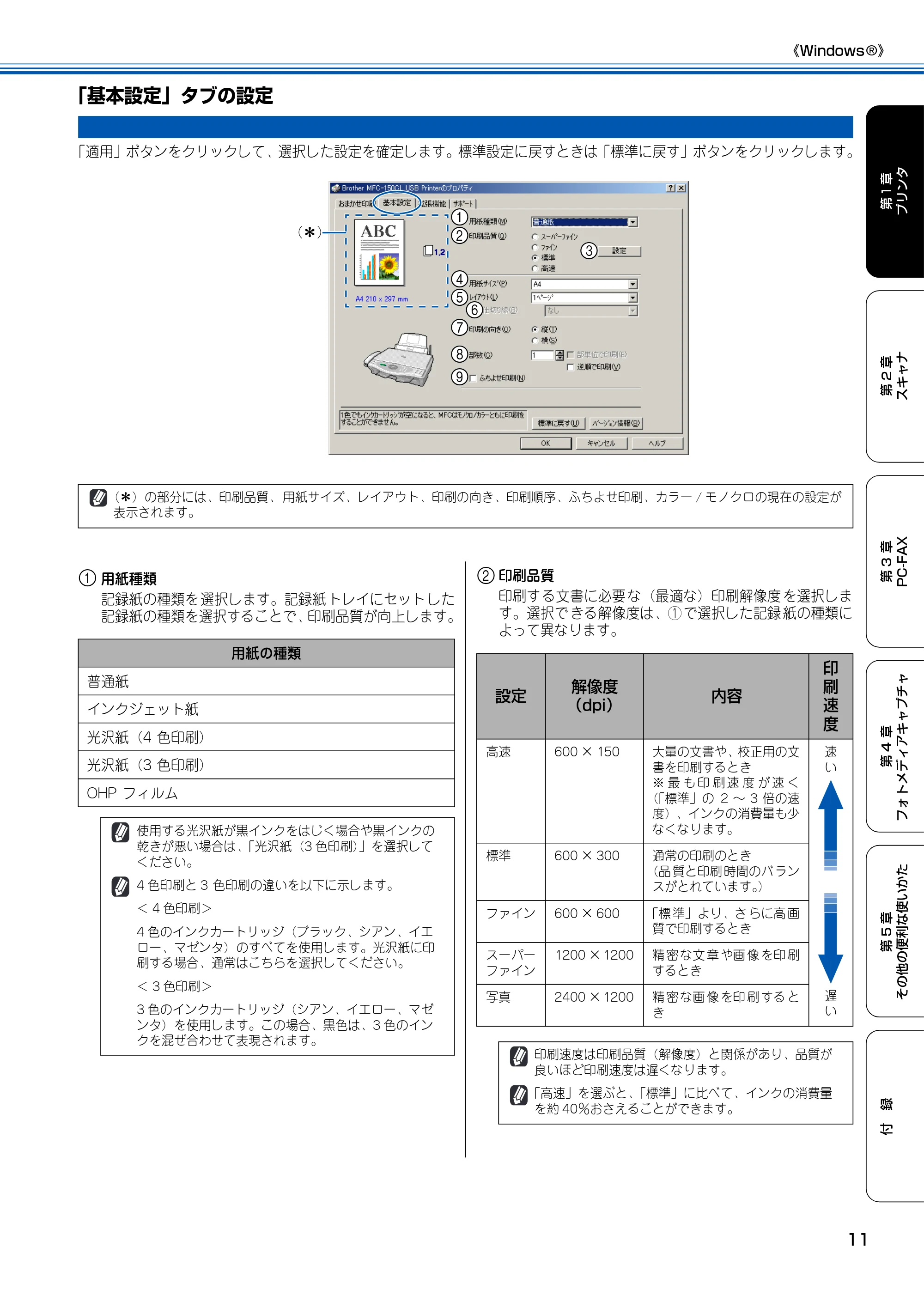 ブラザー MFC-150CL / MFC-150CLW ユーザーズガイド ～パソコン活用編～ — 「基本設定」タブの設定 — 原本ページ — 12ページ