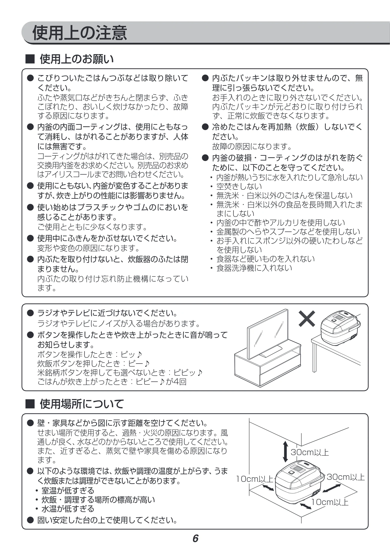 アイリスオーヤマ RC-PH30 取扱説明書 — 使用上の注意 — 図版 6-1 — 6ページ