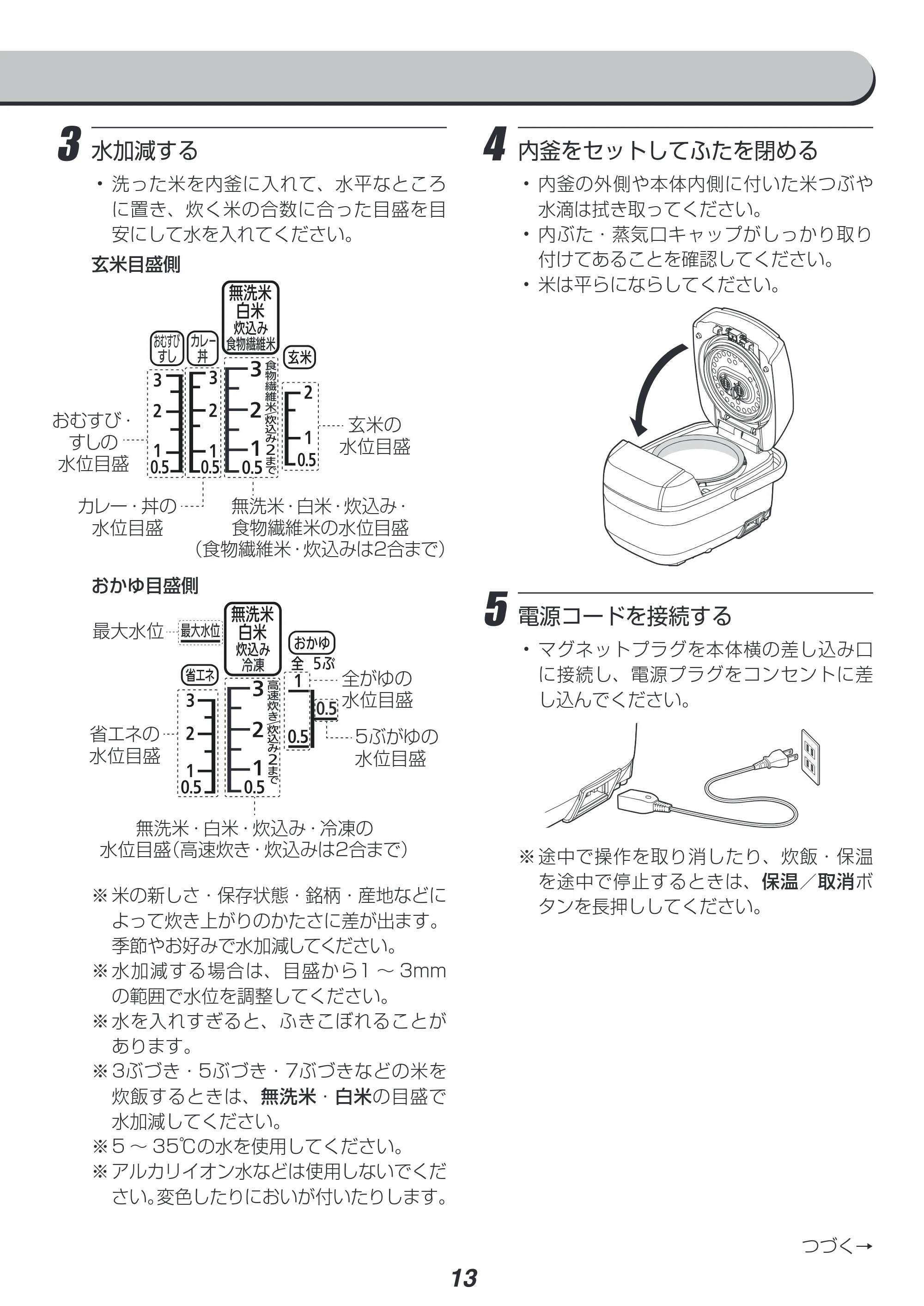 アイリスオーヤマ RC-PH30 取扱説明書 — 3 水加減する — 原本ページ — 13ページ