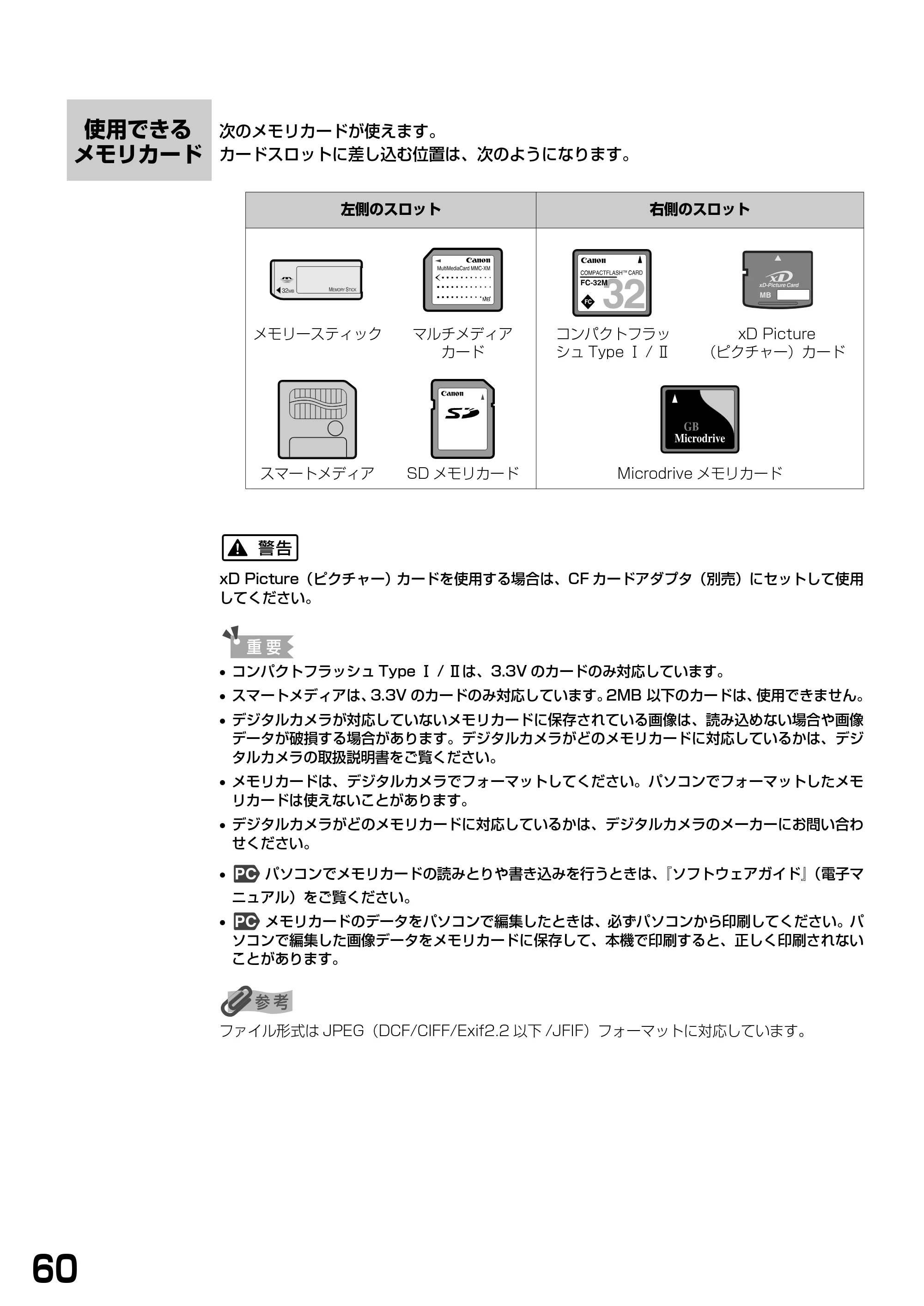 キヤノン PIXUS MP360 基本操作ガイド （PDF形式／4.56Mバイト） — 使用できるメモリカード — 原本ページ — 62ページ