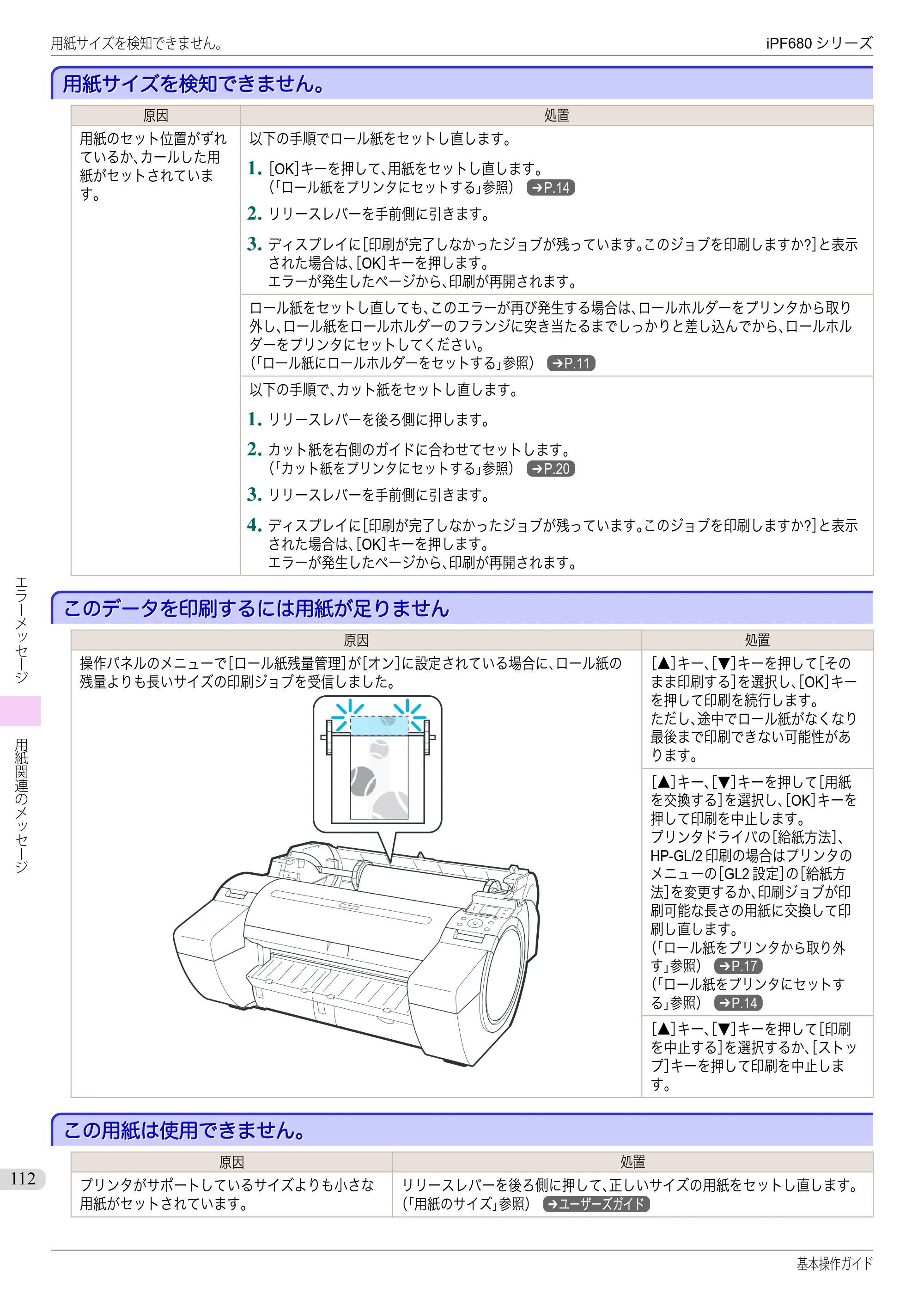 キヤノン iPF680/685/780/785 iPF680 基本操作ガイド（PDF：11.0MB） — 用紙サイズを検知できません。 — 原本ページ — 112ページ