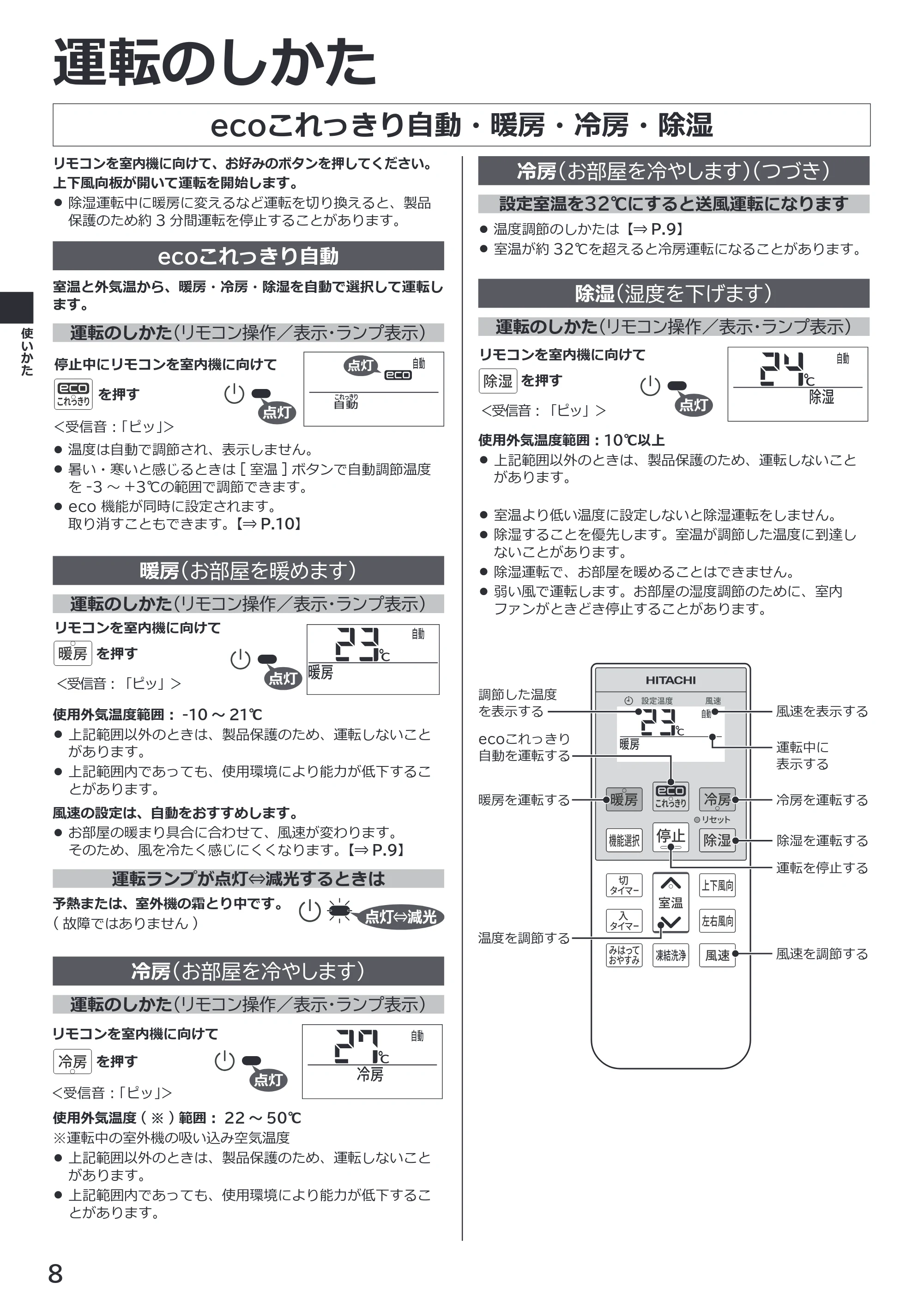 日立 RAS-ER2226S / RAS-ER2526S / RAS-ER2826S 取扱説明書 — 運転のしかた — 原本ページ — 8ページ